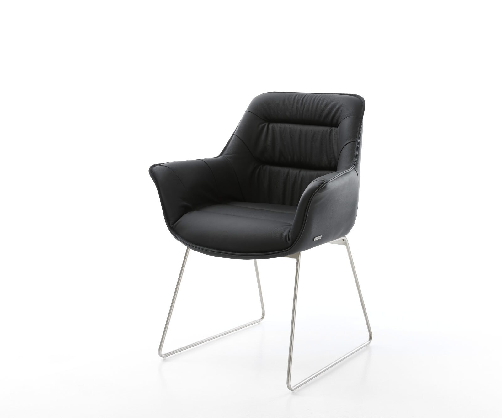Chaise-de-salle-à-manger Kaira-Flex cuir de vache noir pied trapèze acier inoxydable brossé