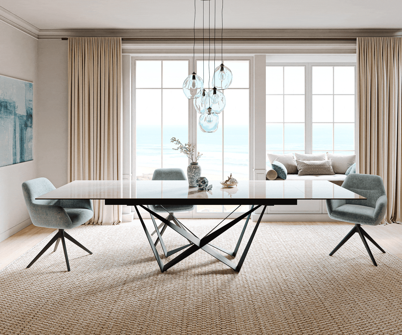 Table à manger extensible Edge 200-300x100 cm céramique Onyx Champagne Spider acier plat noir 2