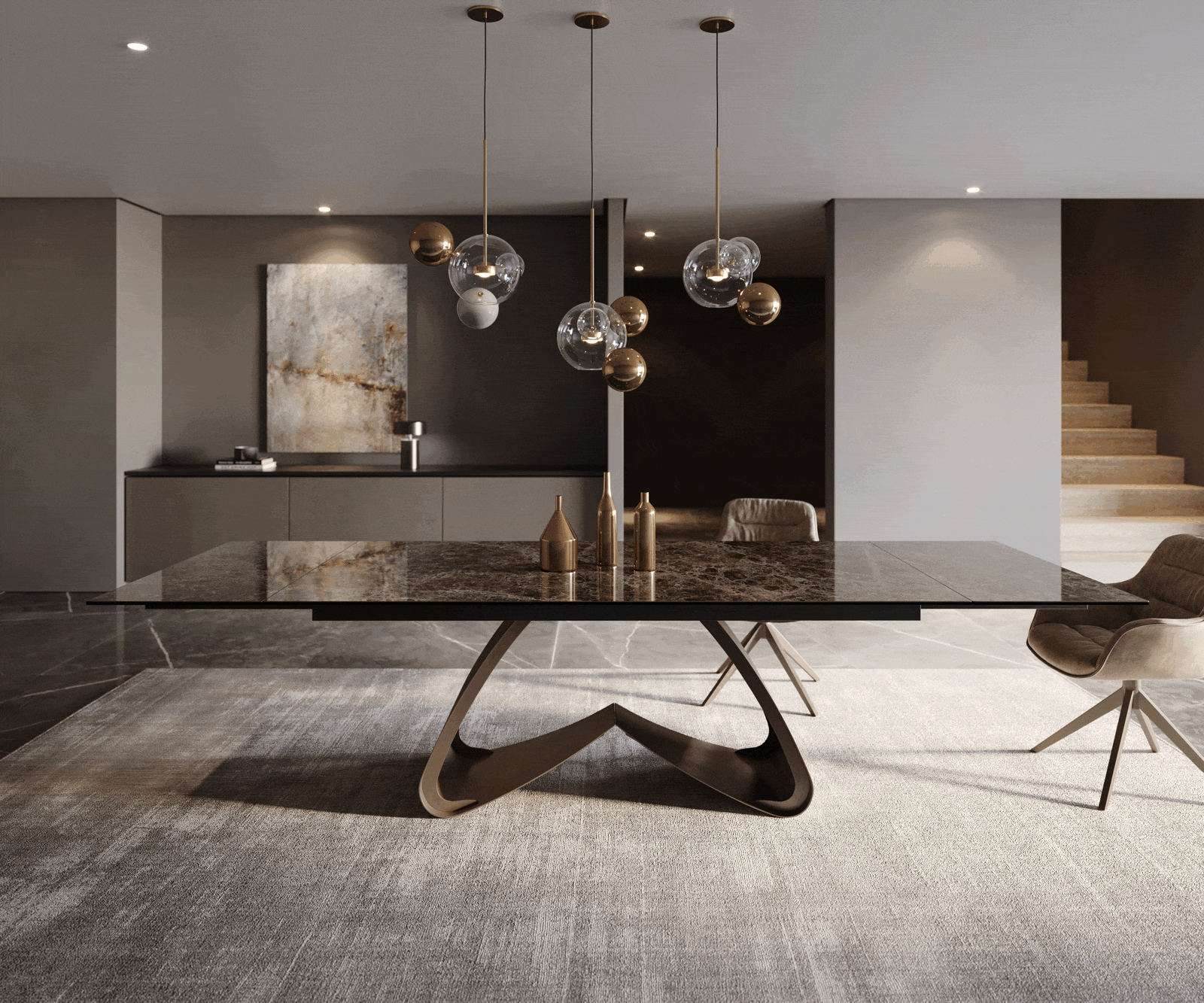 Table de salle à manger Edge Céramique Emperador Extra Lucidato Brun foncé 200-300x100 Piètement en W finition effet Titane extensible 1