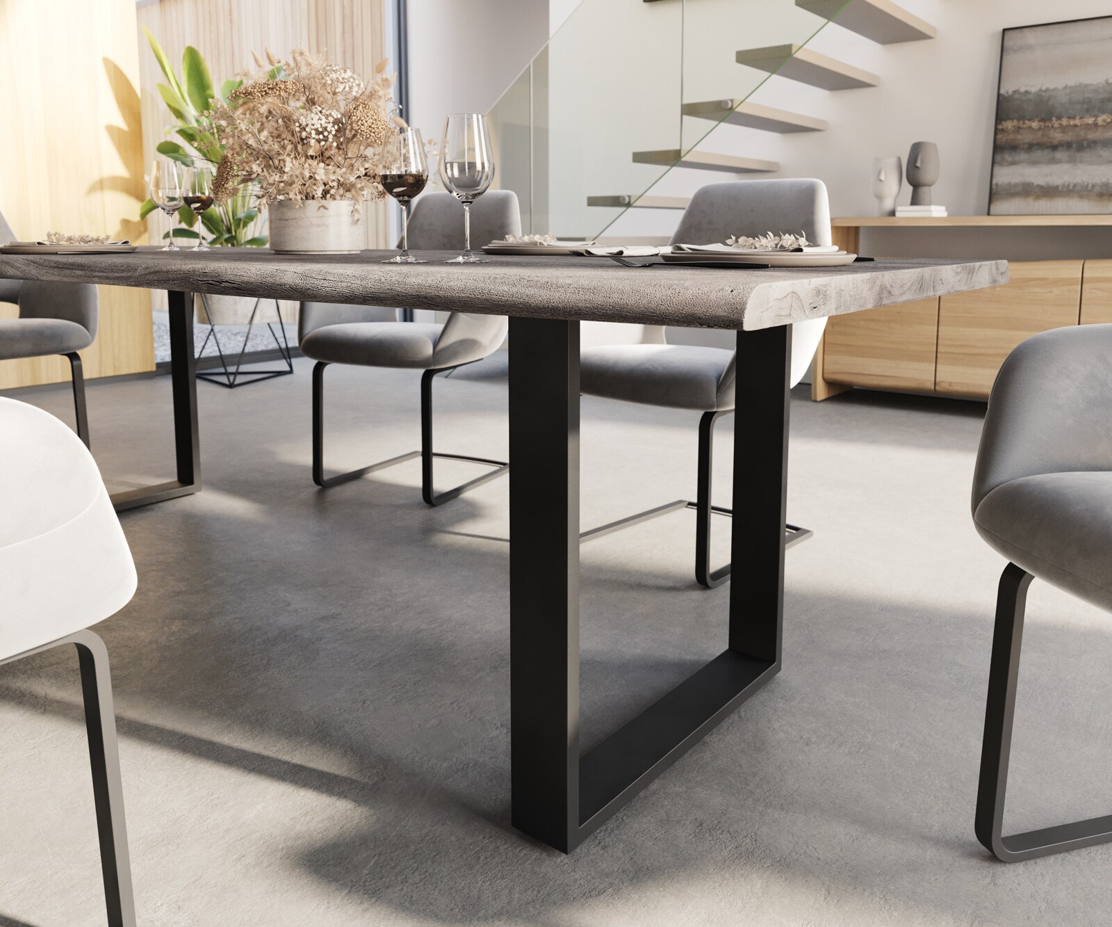 Table à manger Edge 260x100 acacia platine cadre traîneau noir Live-Edge 4
