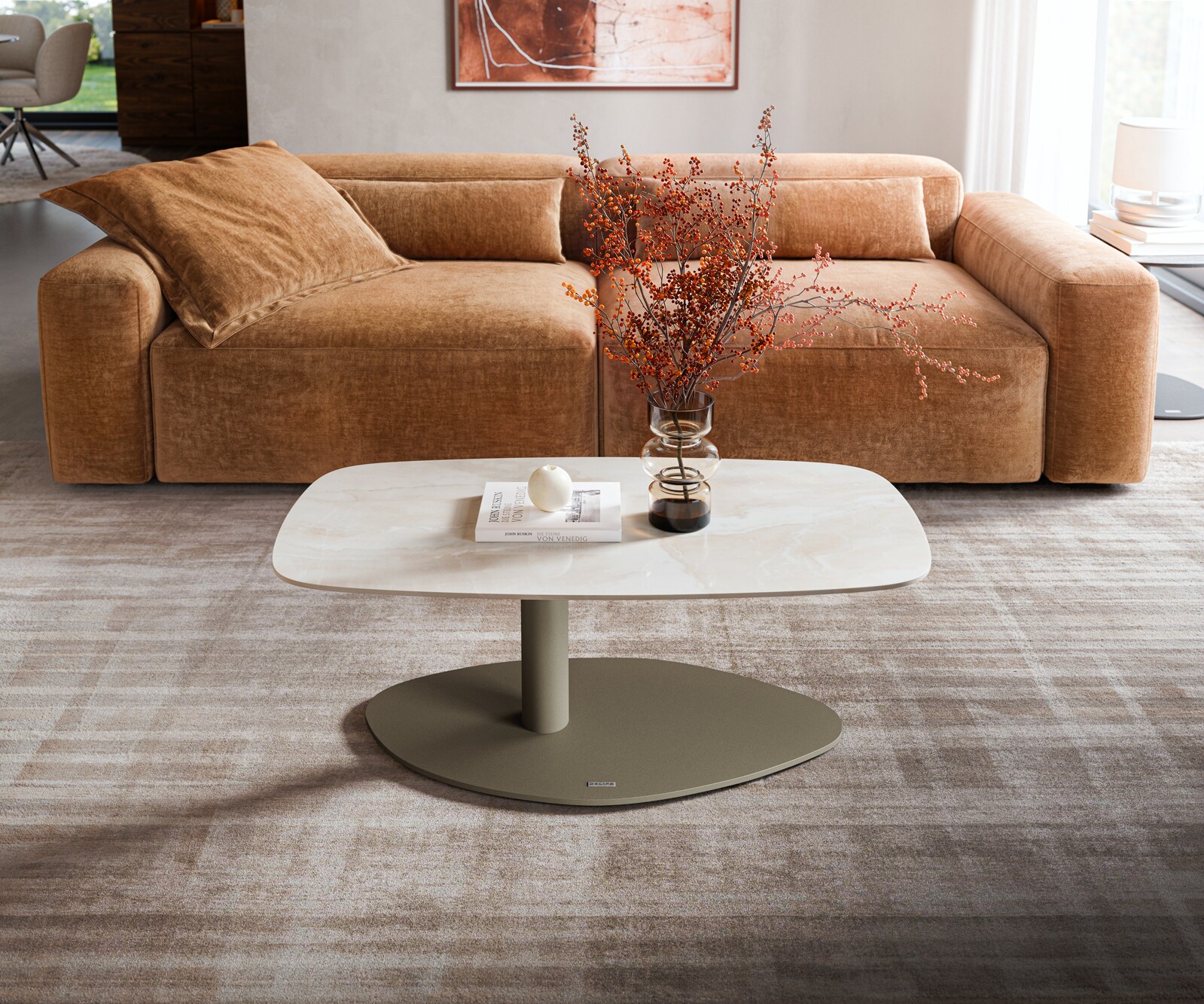 Table basse Edge forme bateau 100x50 cm céramique Onyx Champagne Vibany métal finition effet titane 2