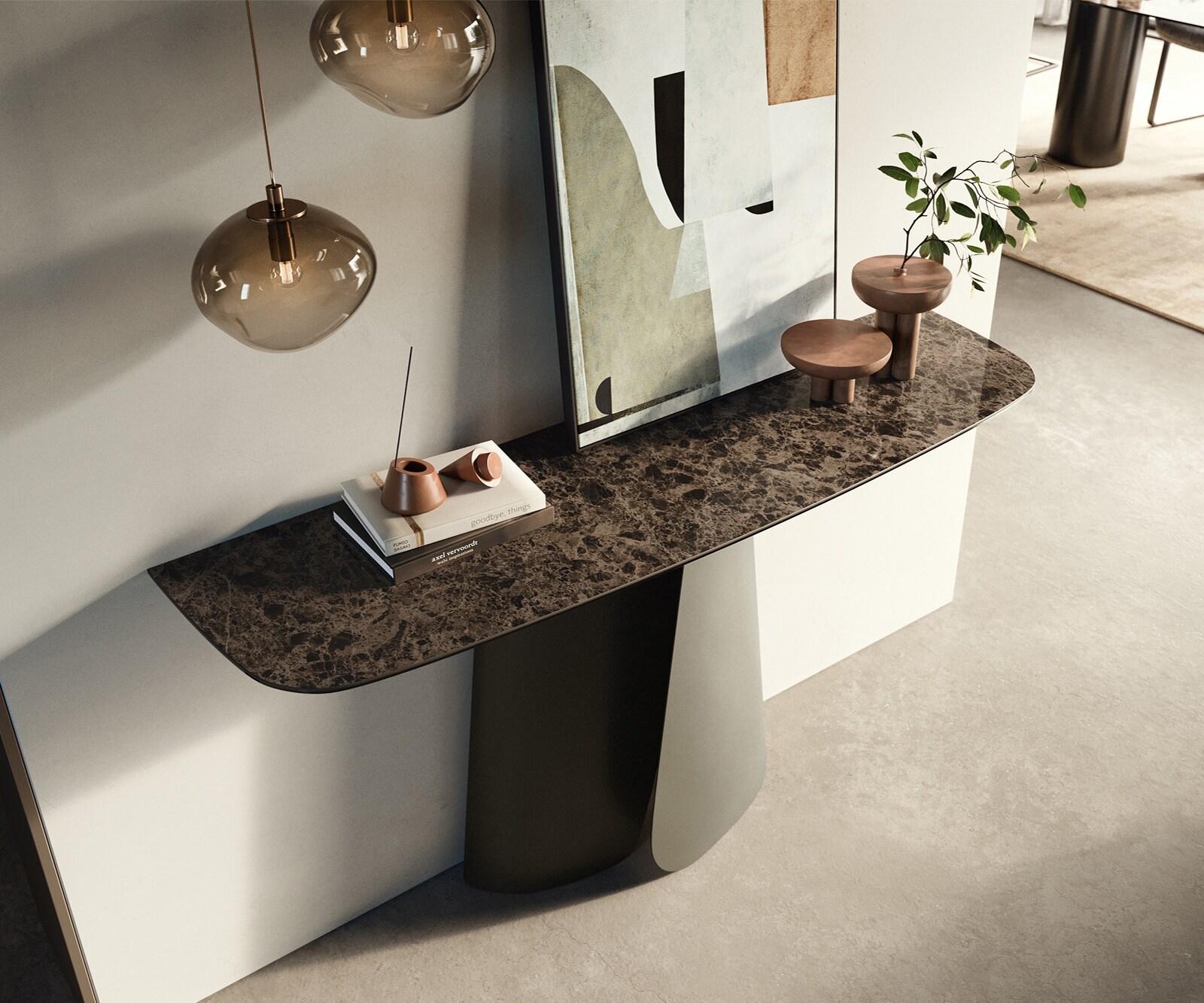 Console Edge forme bateau 140x40 cm Céramique Emperador Extra Lucidato Dunkelbraun Livos Métal Effektfinish Titan 2