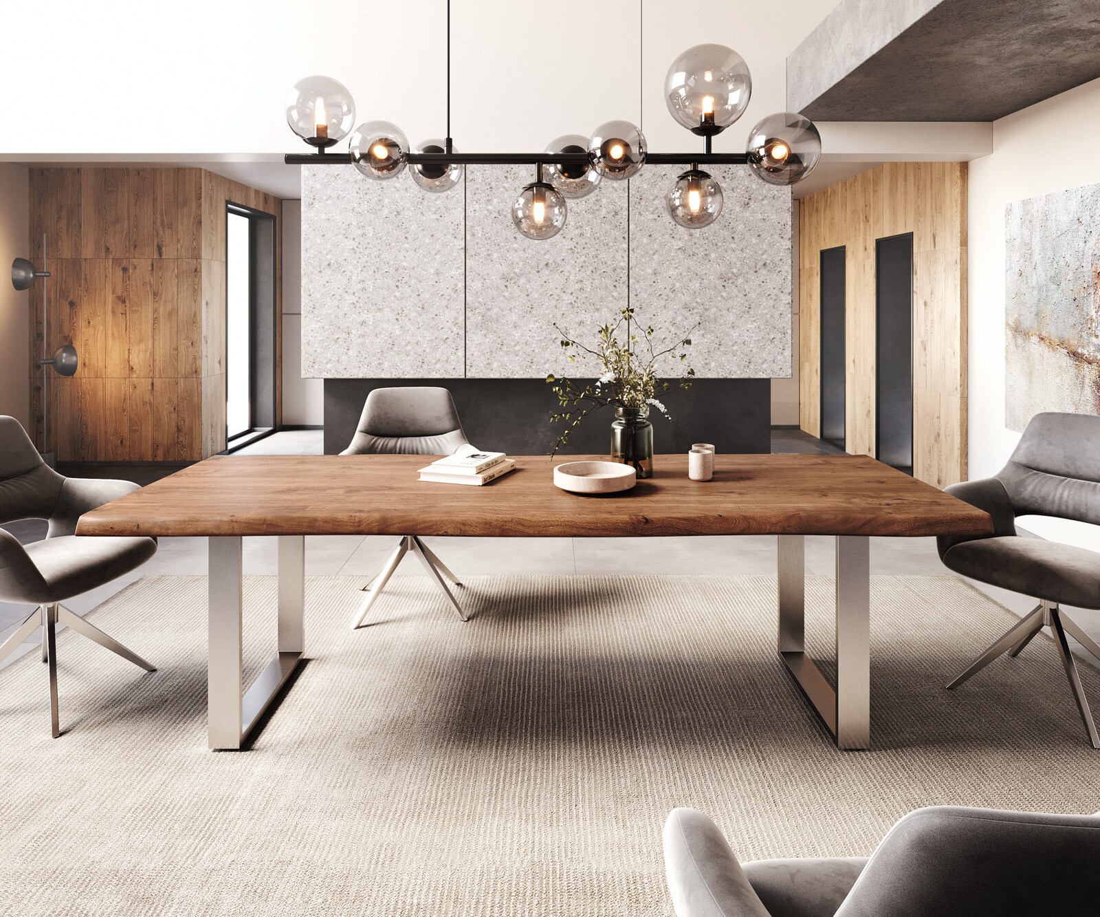 Table-à-manger Edge 260x100 XL acacia marron acier inoxydable mince Live-Edge 1