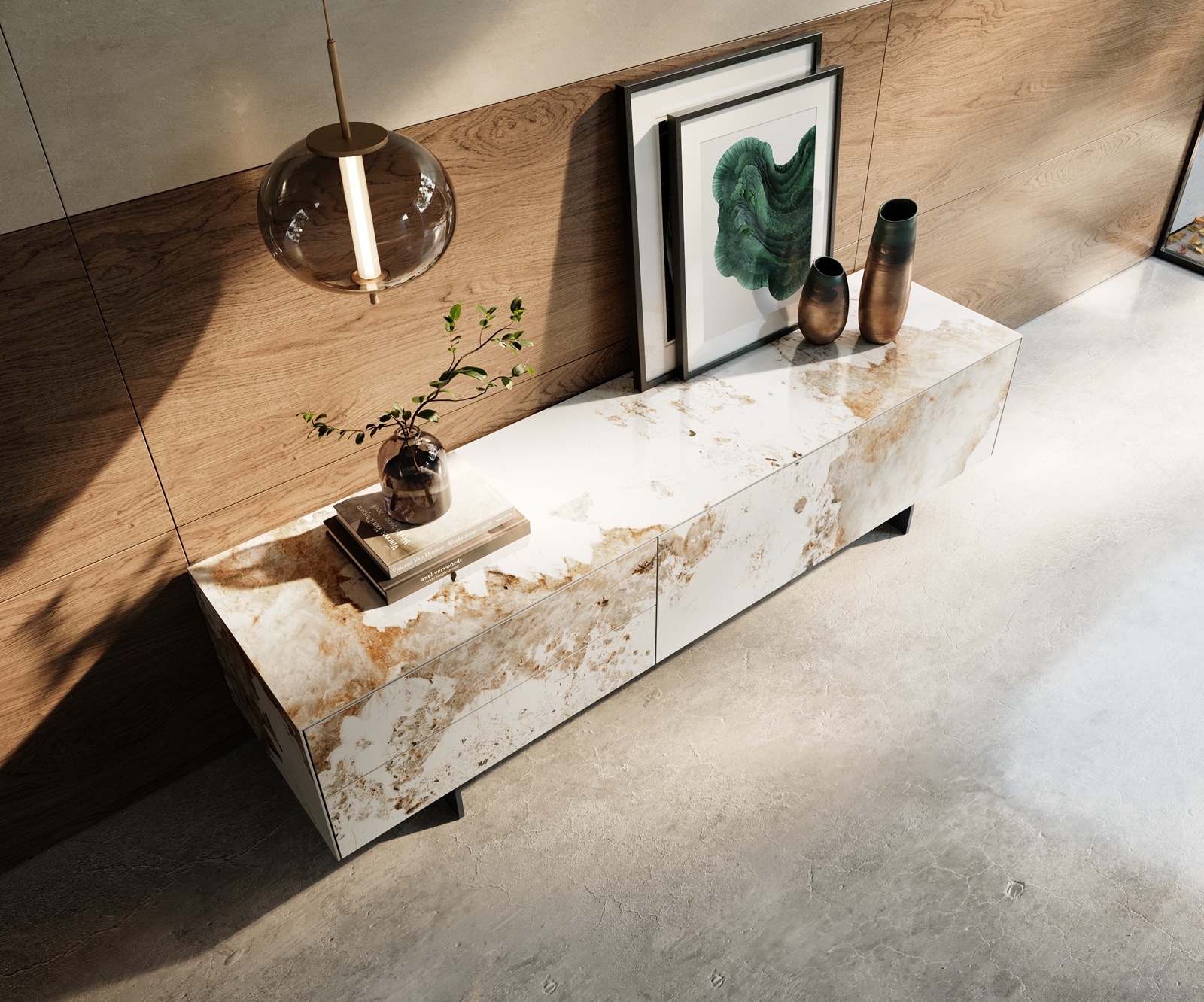 Meuble-TV Cuor 180 cm Céramique Minas Melange Blanc-beige 1 Clapet 2 Tiroirs Pied optique flottant Métal Noir 4