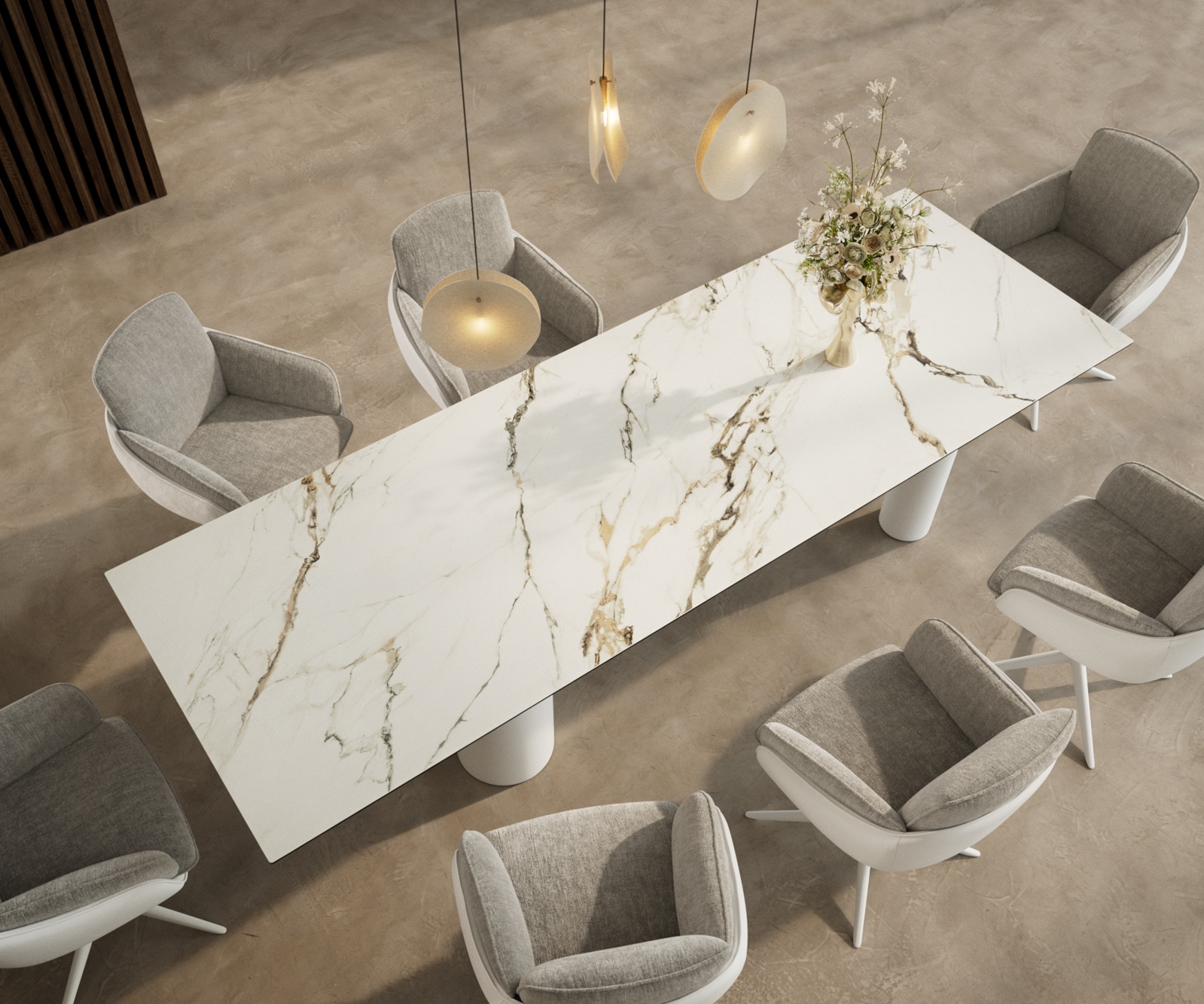 Table à manger Edge 300x100 Céramique Calacatta Luxe Blanc-Doré-Gris Pilier Métal Blanc 3 Table à manger Edge 300x100 Céramique Calacatta Luxe Blanc-Doré-Gris Pilier Métal Blanc 3