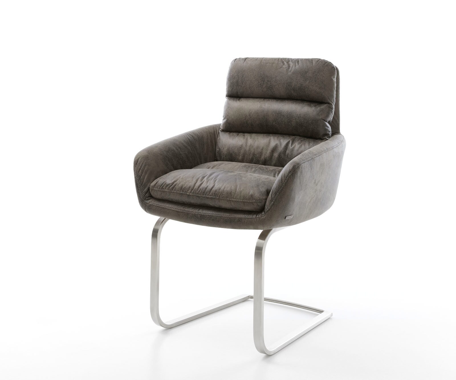 Cantilever Abelia-Flex avec accoudoirs microvelours gris antique pied cantilever plat acier inoxydable brossé