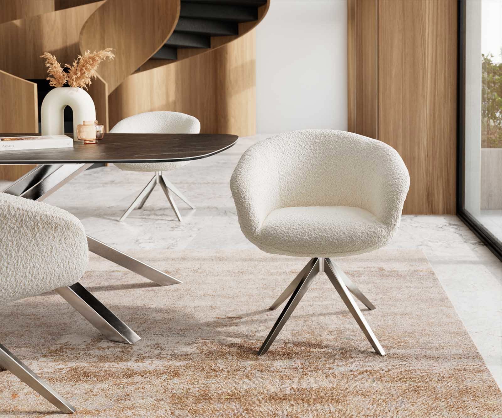 Chaise-pivotante Vinka-Flex avec accoudoirs bouclé blanc pied croisé large acier inoxydable brossé pivotement sur 360° ressorts ensachés 1 Chaise-pivotante Vinka-Flex avec accoudoirs bouclé blanc pied croisé large acier inoxydable brossé pivotement sur 360° ressorts ensachés 1