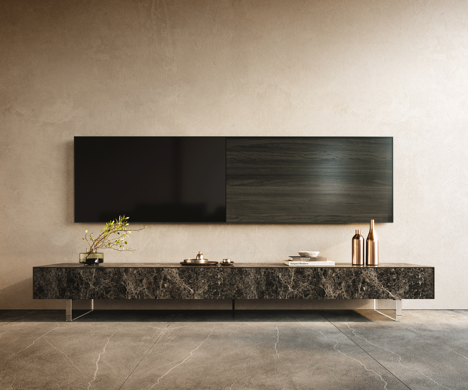 Meuble-TV Cuor 250 cm Céramique Laminam® Emperador Extra Lucidato brun foncé 1 Clapet 1 Tiroir Pied optique flottant Verre acrylique 2