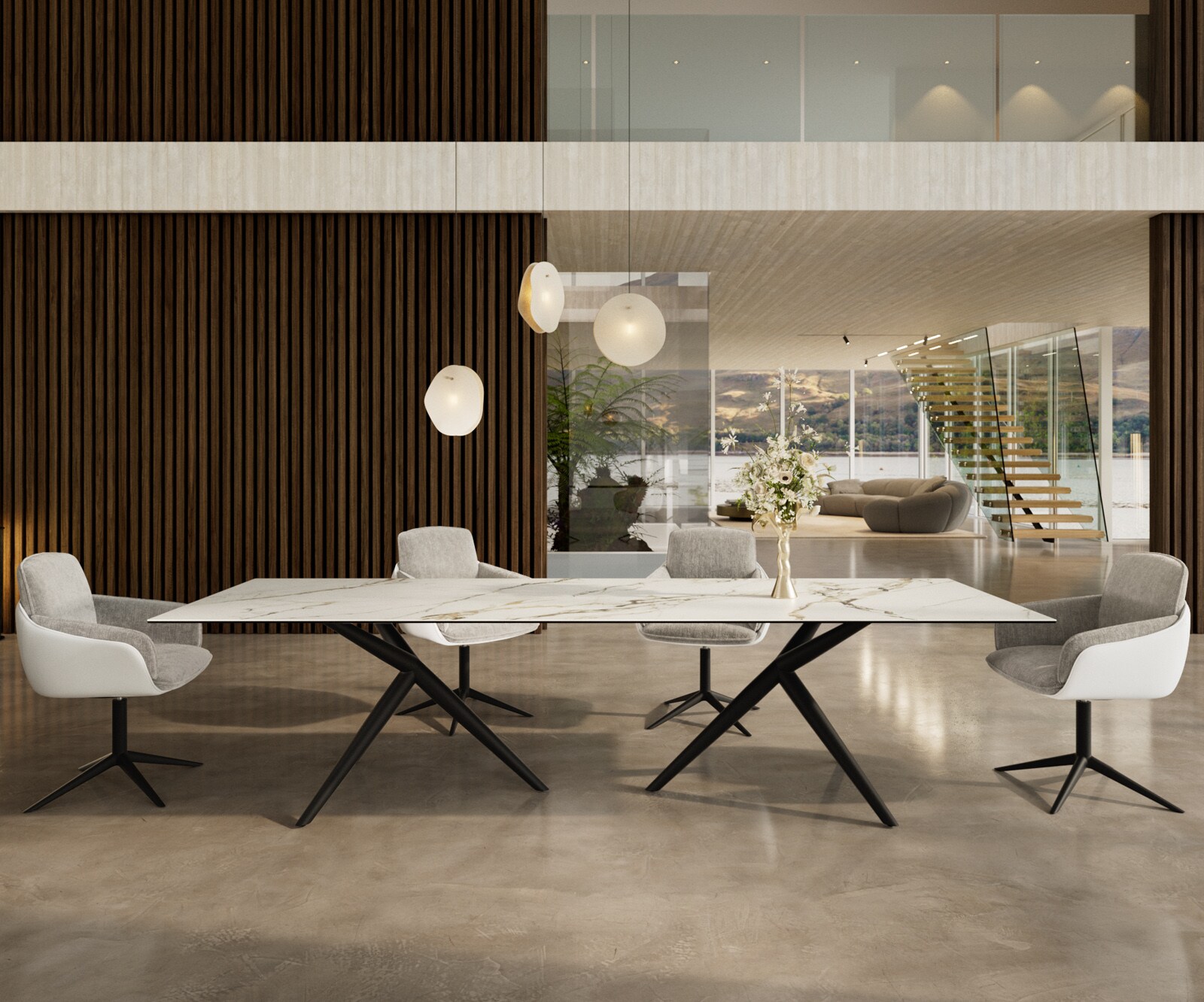 Table à manger Edge 300x100 Céramique Calacatta Luxe Blanc-Doré-Gris Estelar rond Métal Noir