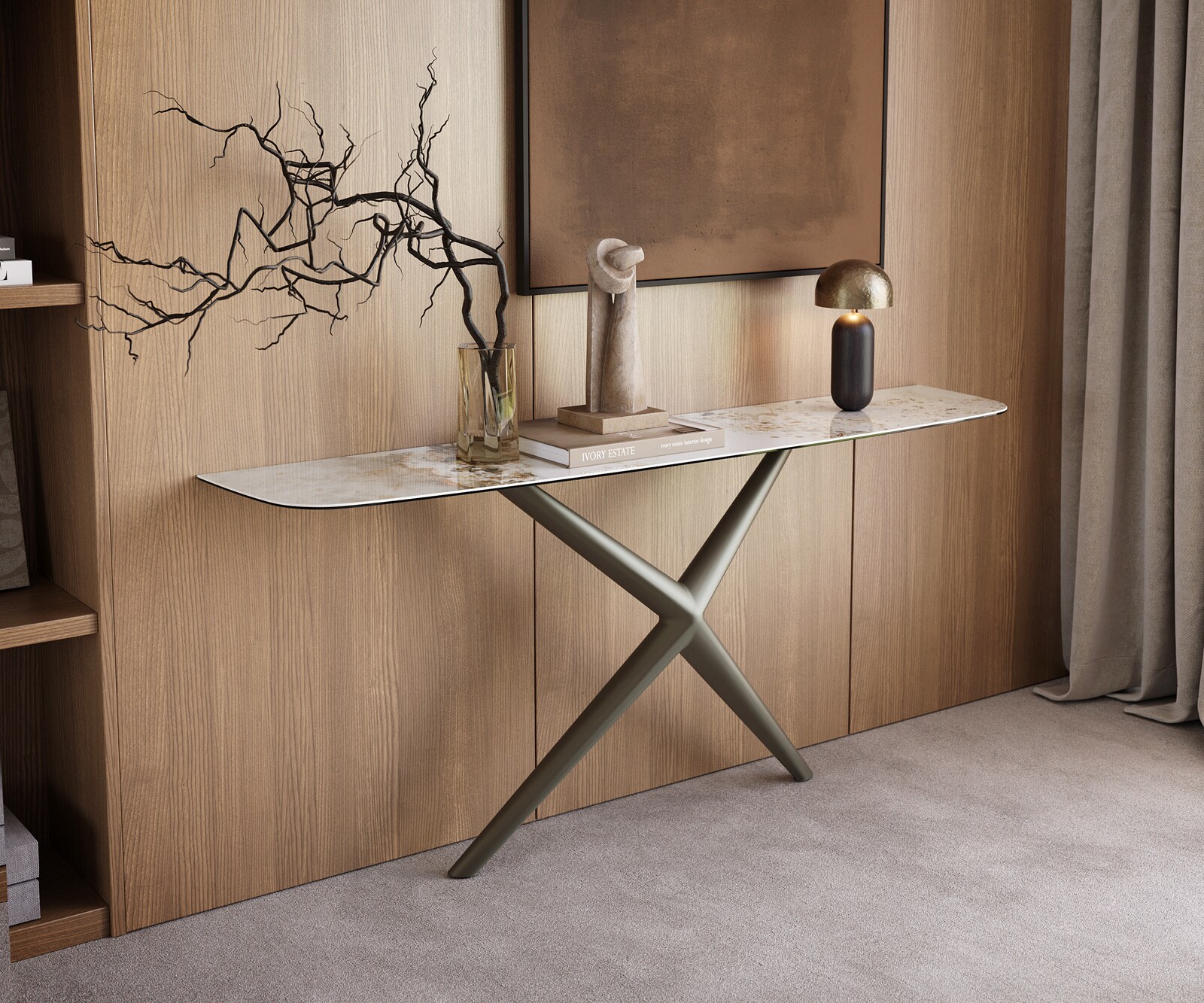 Console Edge forme bateau 180x40 cm Céramique Minas Melange Weiß-Beige Estelo Métal Effektfinish Titan 4