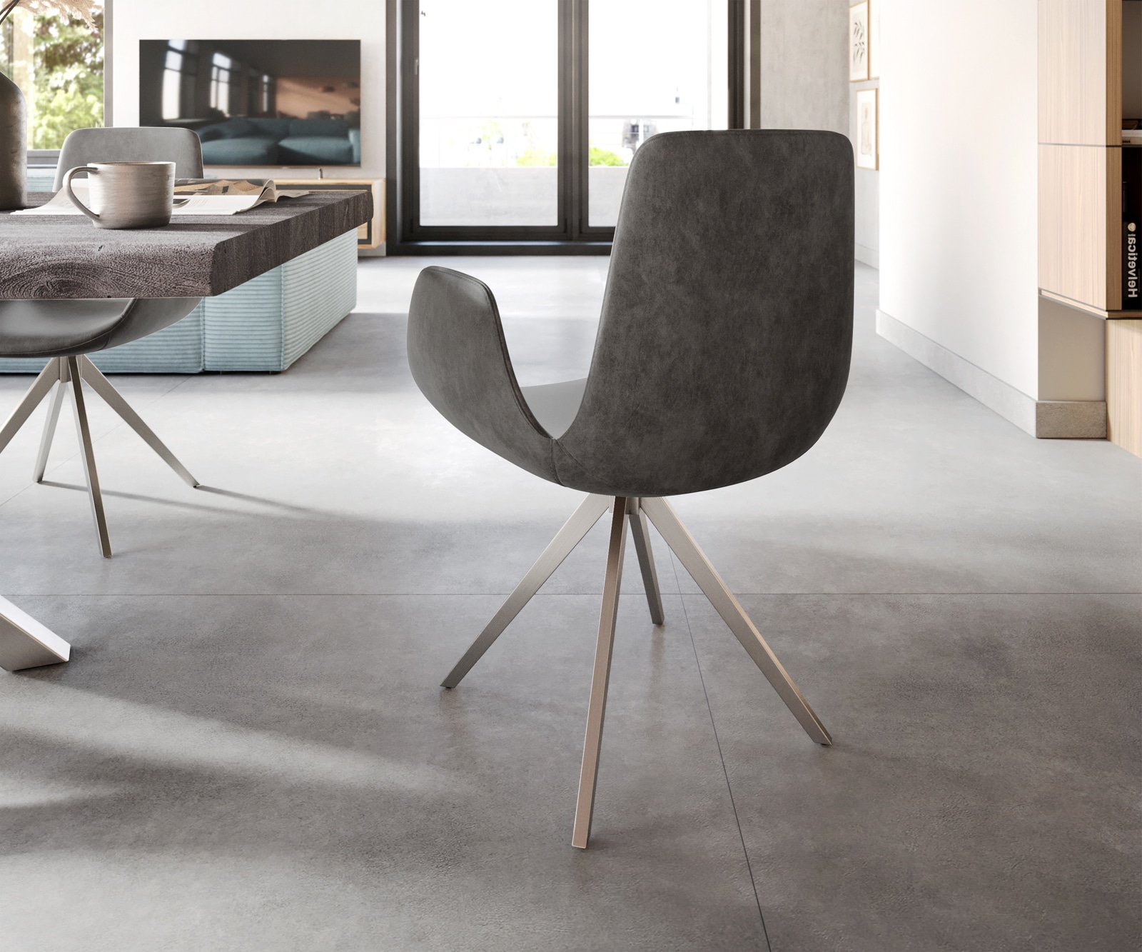 Chaise-de-salle-à-manger Ilia-Flex avec accoudoirs microvelours anthracite vintage pied croisé angulaire acier inoxydable brossé 4 Chaise-de-salle-à-manger Ilia-Flex avec accoudoirs microvelours anthracite vintage pied croisé angulaire acier inoxydable brossé 4