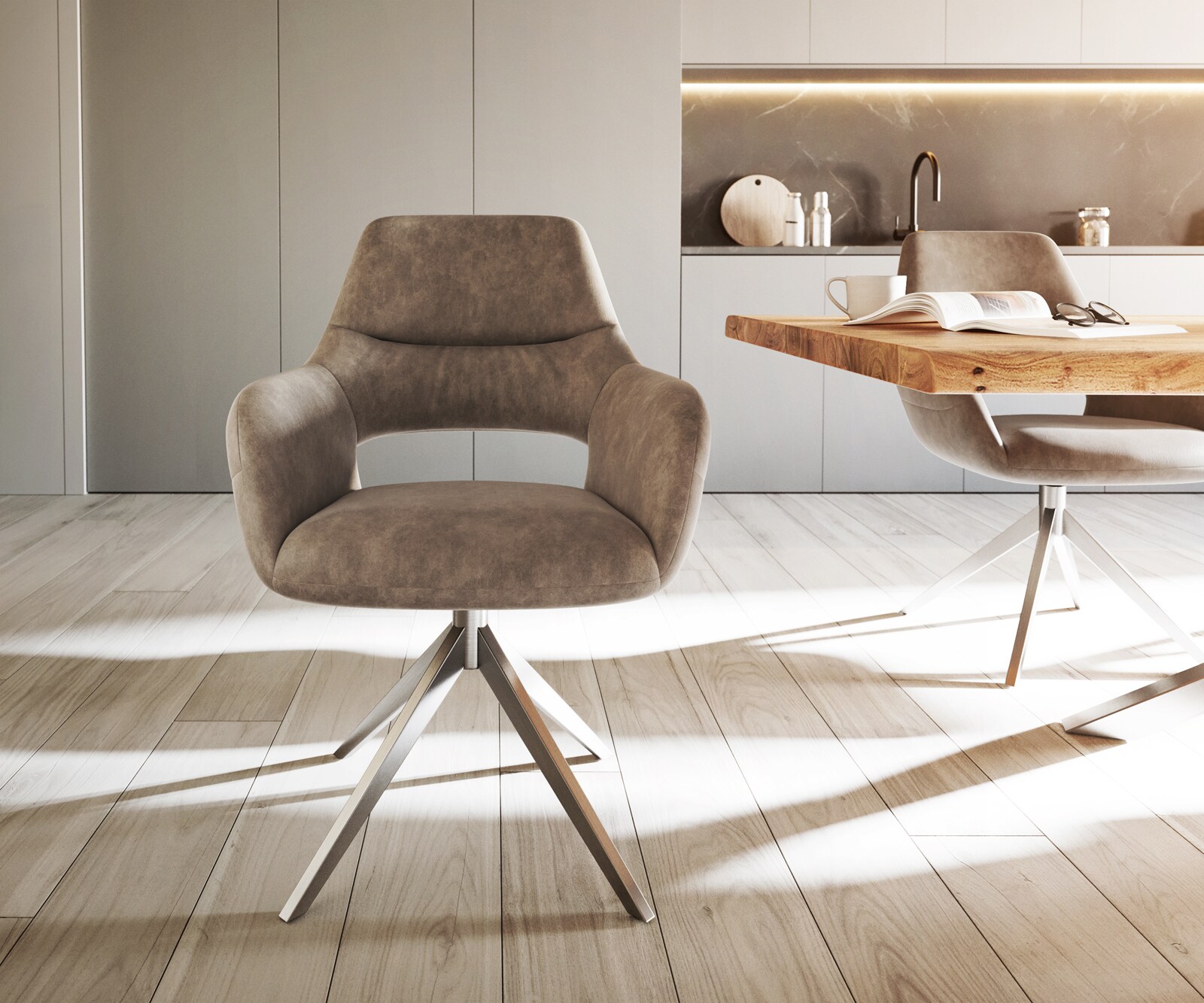 Chaise-de-salle-à-manger Yago-Flex avec accoudoirs microvelours taupe vintage pied croisé large acier inoxydable brossé ressorts ensachés 1 Chaise-de-salle-à-manger Yago-Flex avec accoudoirs microvelours taupe vintage pied croisé large acier inoxydable brossé ressorts ensachés 1