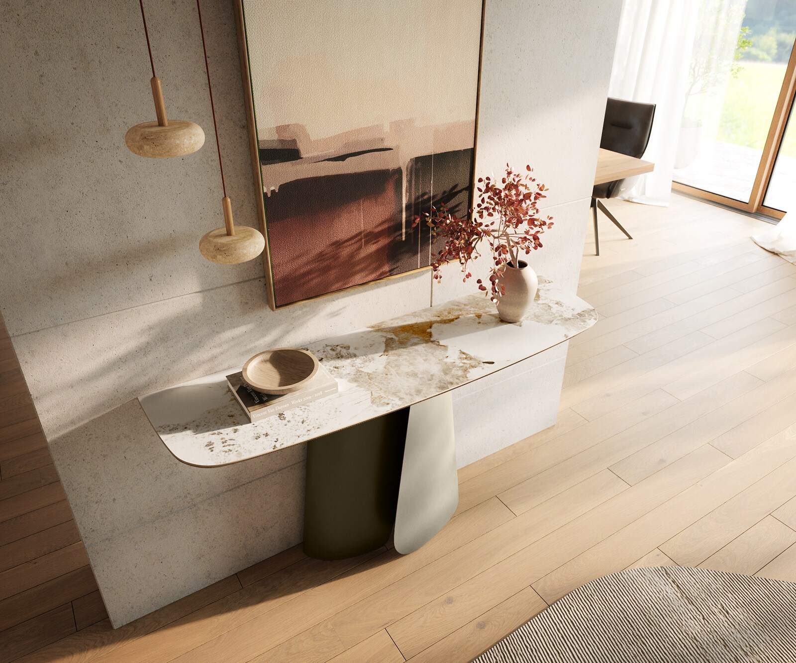 Console Edge forme bateau 140x40 cm Céramique Minas Melange Weiß-Beige Livos Métal Effektfinish Titan 1