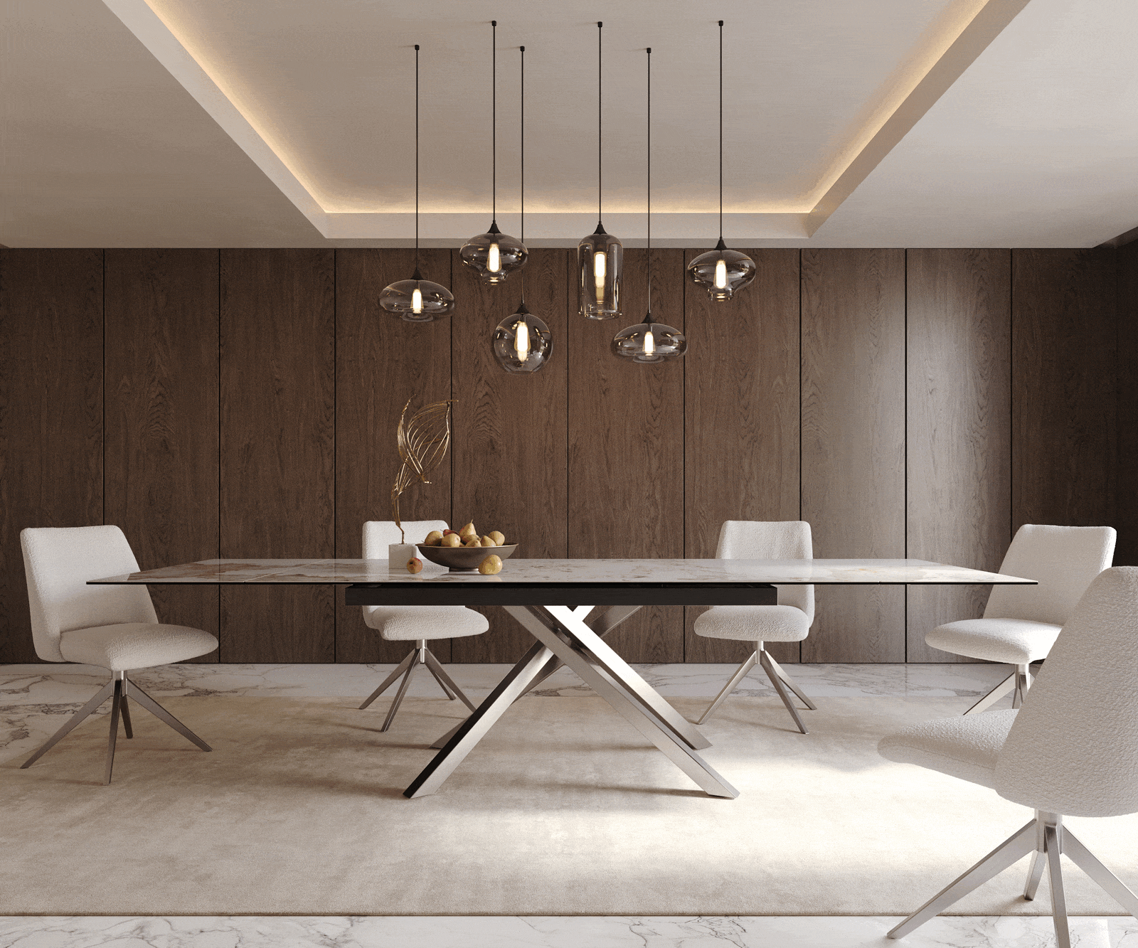 Table à manger Edge 200-300x100 céramique Minas mélange blanc-beige cadre croisé rectangulaire acier inoxydable extensible 1