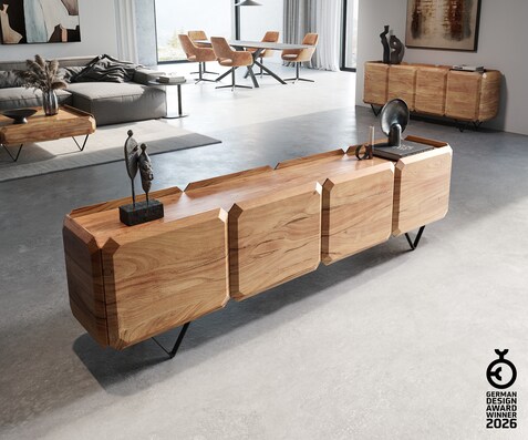 Meuble-bas Kiano 220 cm Acacia Nature 4 Portes Pied en V Noir Séparateur de pièce