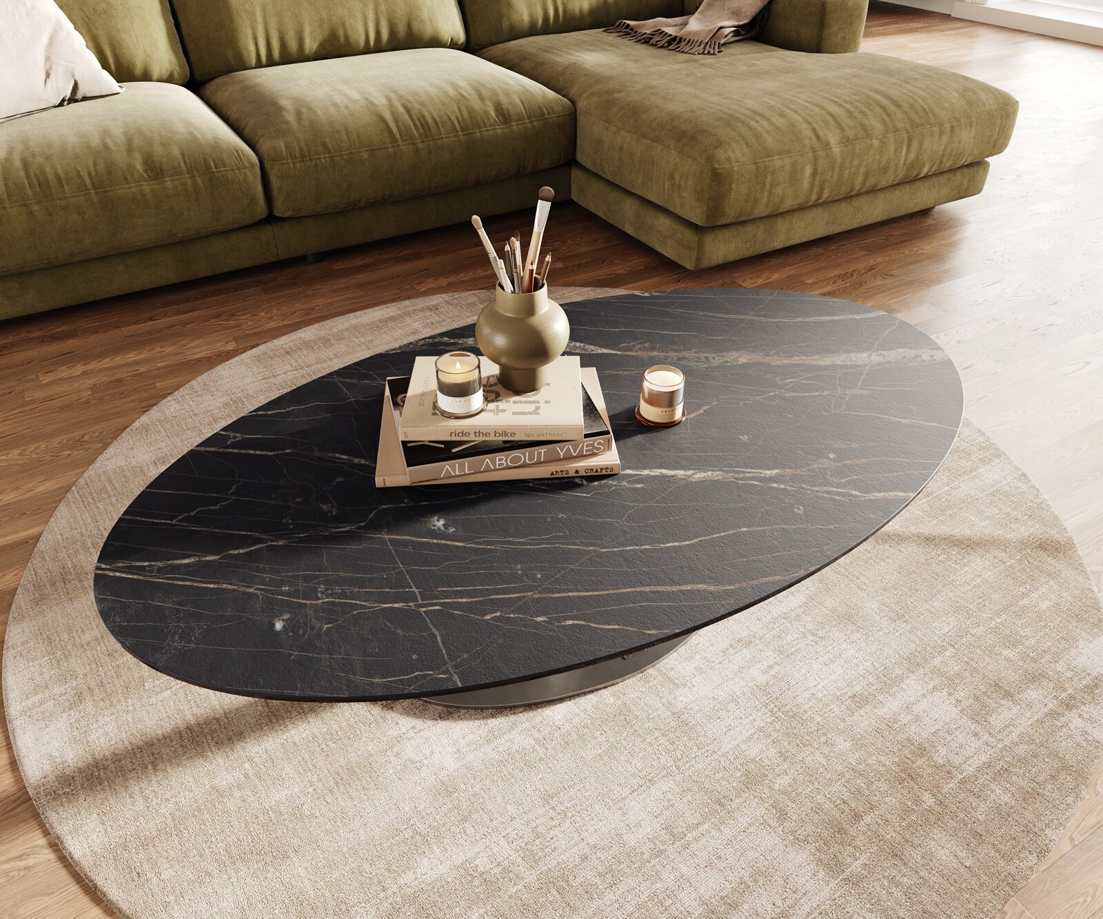 Table basse Edge Oval 140x80 cm céramique Laminam® Noir Desir brun Vibany acier inoxydable brossé 4