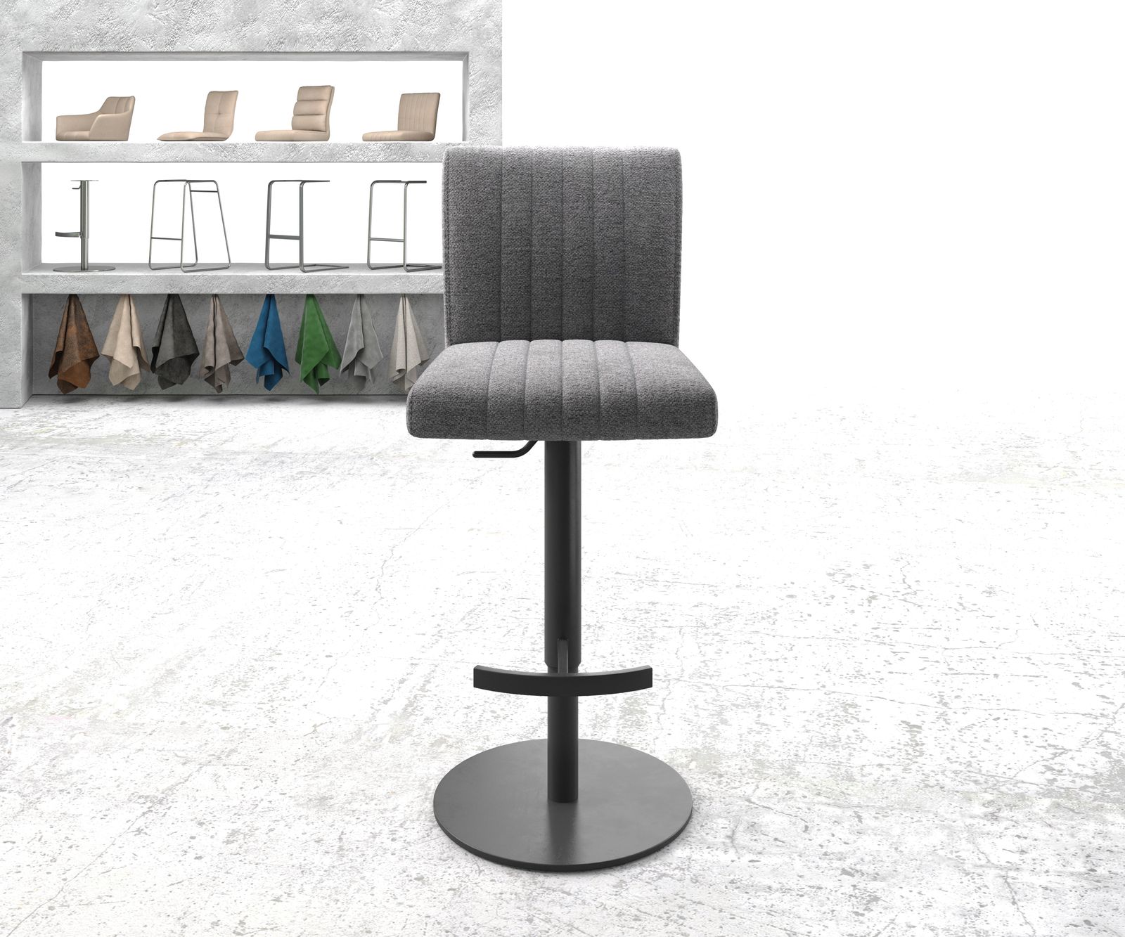 Chaise-de-bar Luiga-Flex tissu texturé gris clair pied pivotant réglable en hauteur métal 2