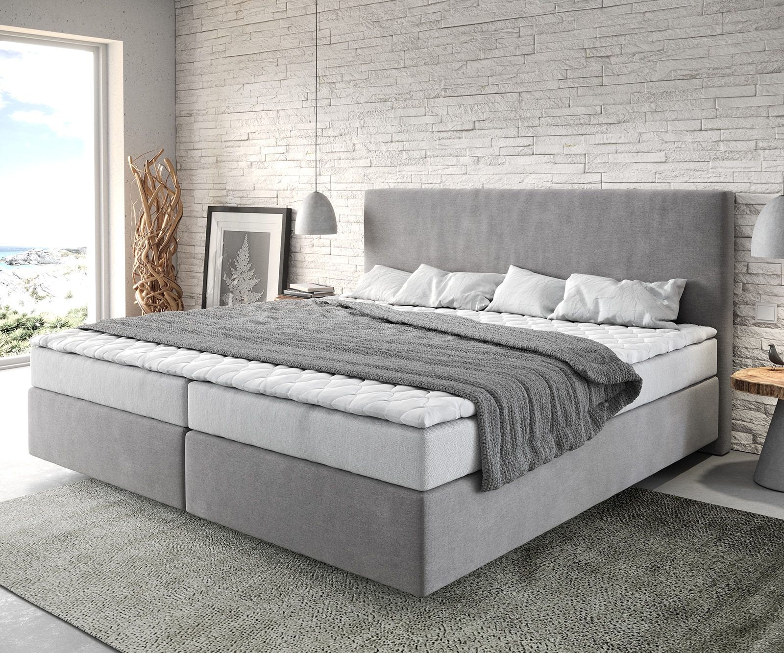 Lit-à-sommier-tapissier Dream-Well Microfibre Gris 200x200 cm Matelas Bonell Surmatelas PU Lit-à-sommier-tapissier Dream-Well Microfibre Gris 200x200 cm Matelas Bonell Surmatelas PU