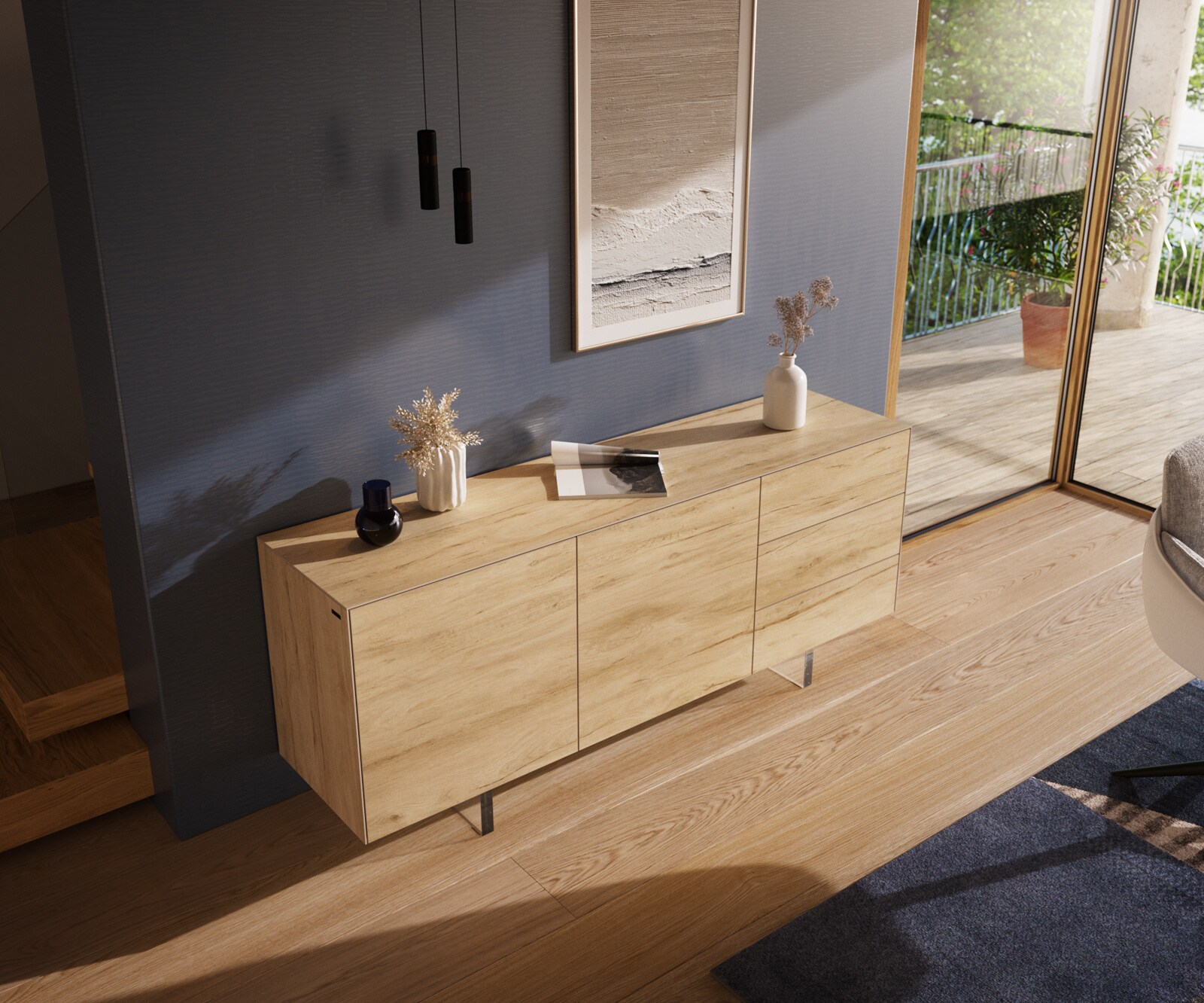 Buffet Cuor 180 cm Céramique Laminam® Sabbia Teinte chêne 2 Portes 3 Tiroirs Pied optique flottant Verre acrylique 4