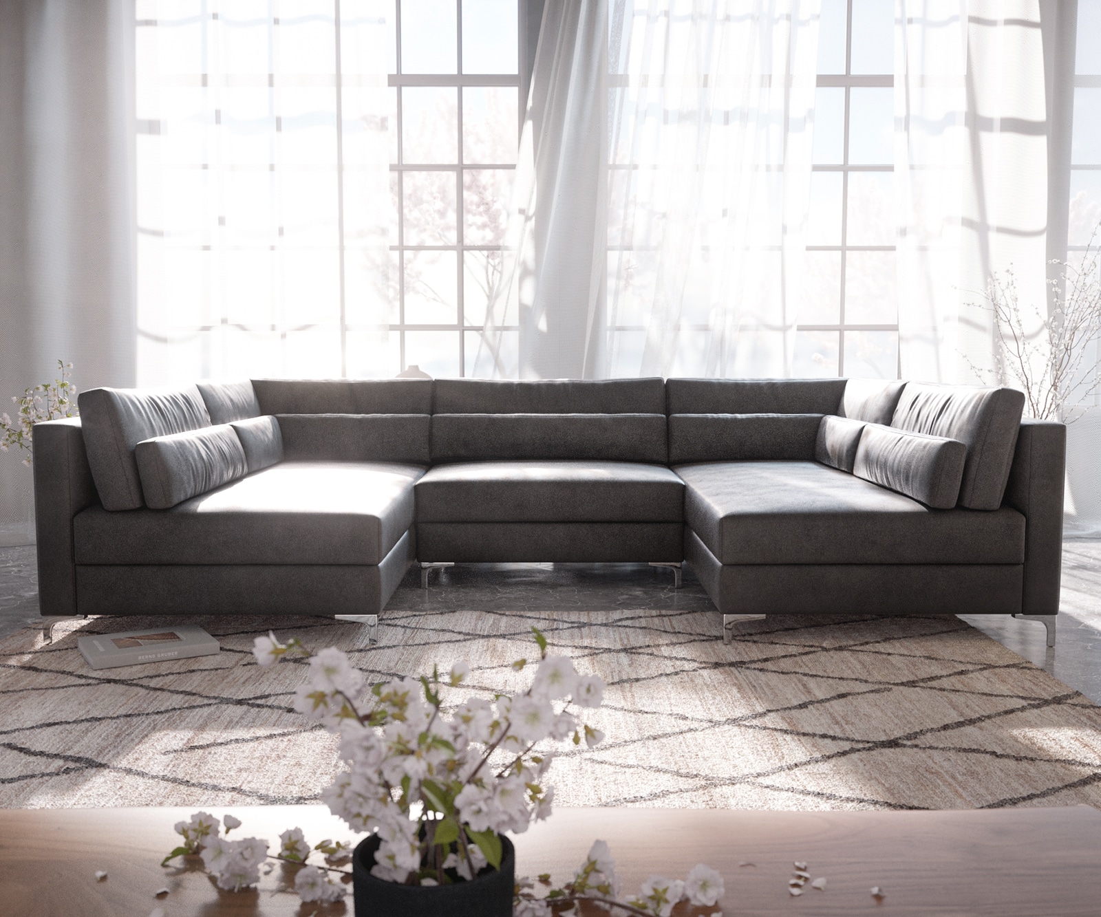 Canapé-panoramique Elio 300x185 cm similicuir vintage anthracite avec pouf 1 Canapé-panoramique Elio 300x185 cm similicuir vintage anthracite avec pouf 1