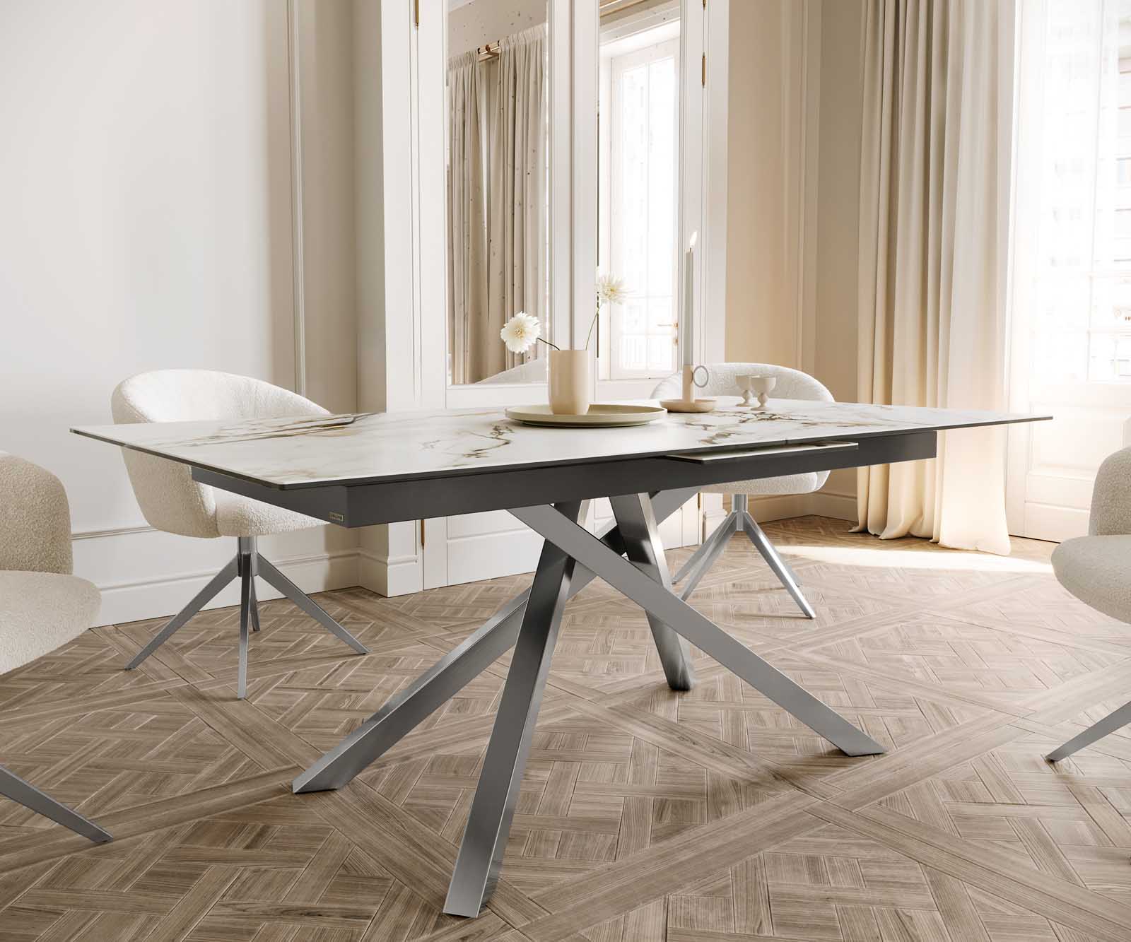 Table à manger Edge 180-220x100 céramique Calacatta Luxe blanc-doré-gris cadre croisé rectangulaire acier inoxydable extensible 6