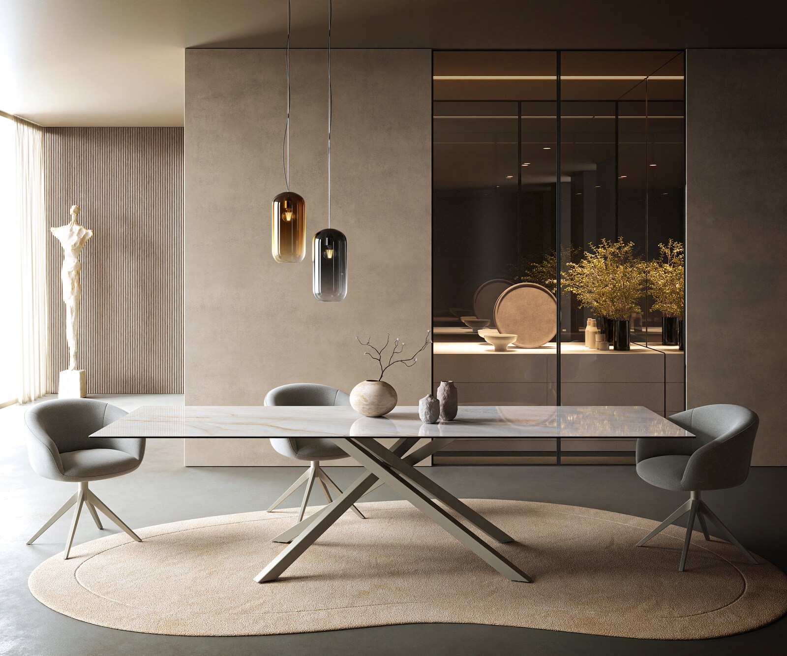 Table à manger Edge 300x100 cm céramique Onyx Pearl piètement croisé rectangulaire finition effet titane 2