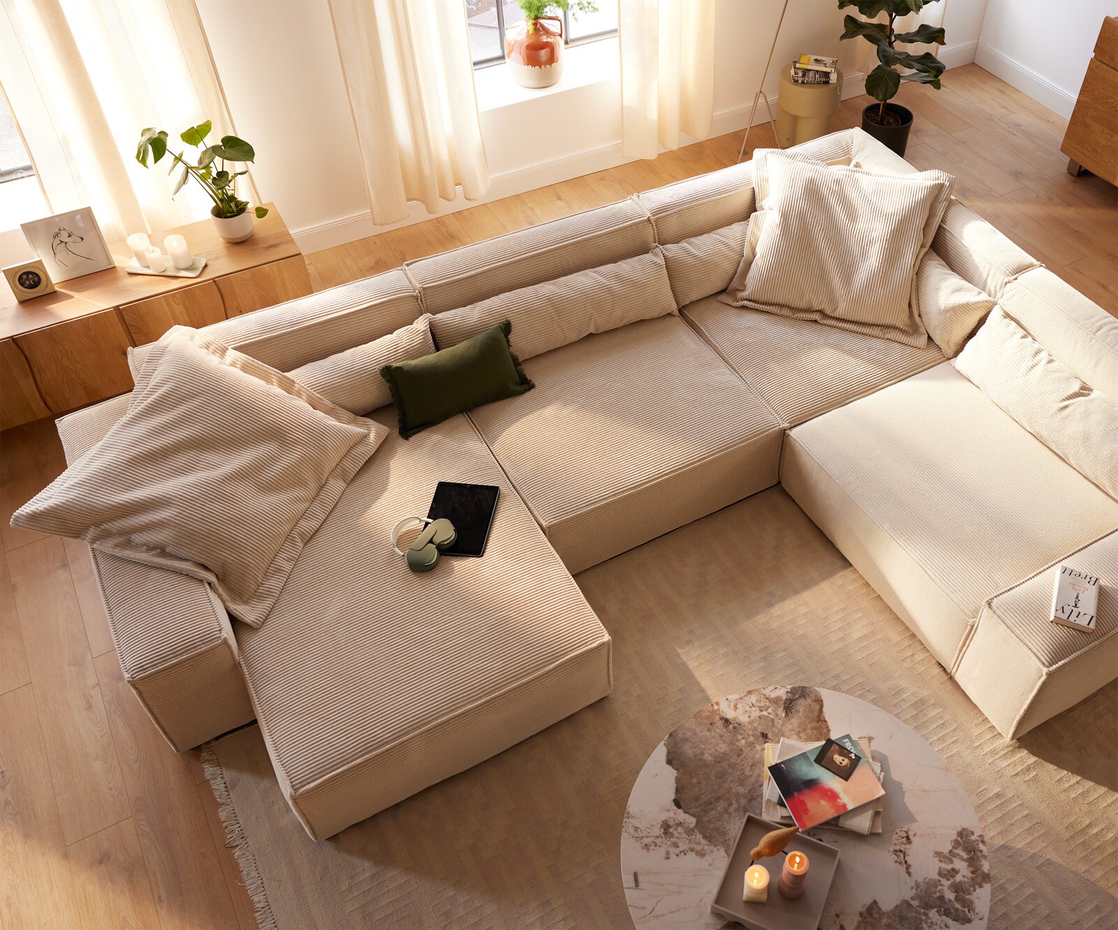 Canapé panoramique Sirpio XL 360x260 cm Velours côtelé Beige Recamiere variable 3