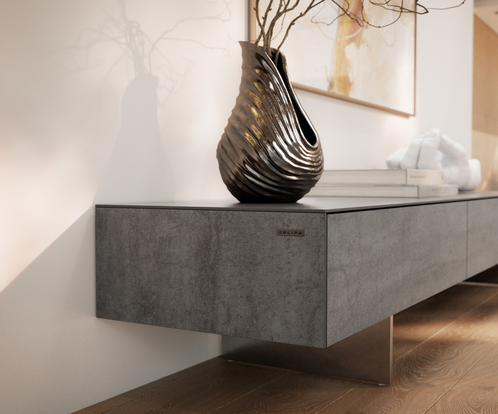 Meuble-TV Cuor 200 cm Céramique Béton gris 1 Clapet 1 Tiroir Pied optique flottant Ancier inoxydable 5