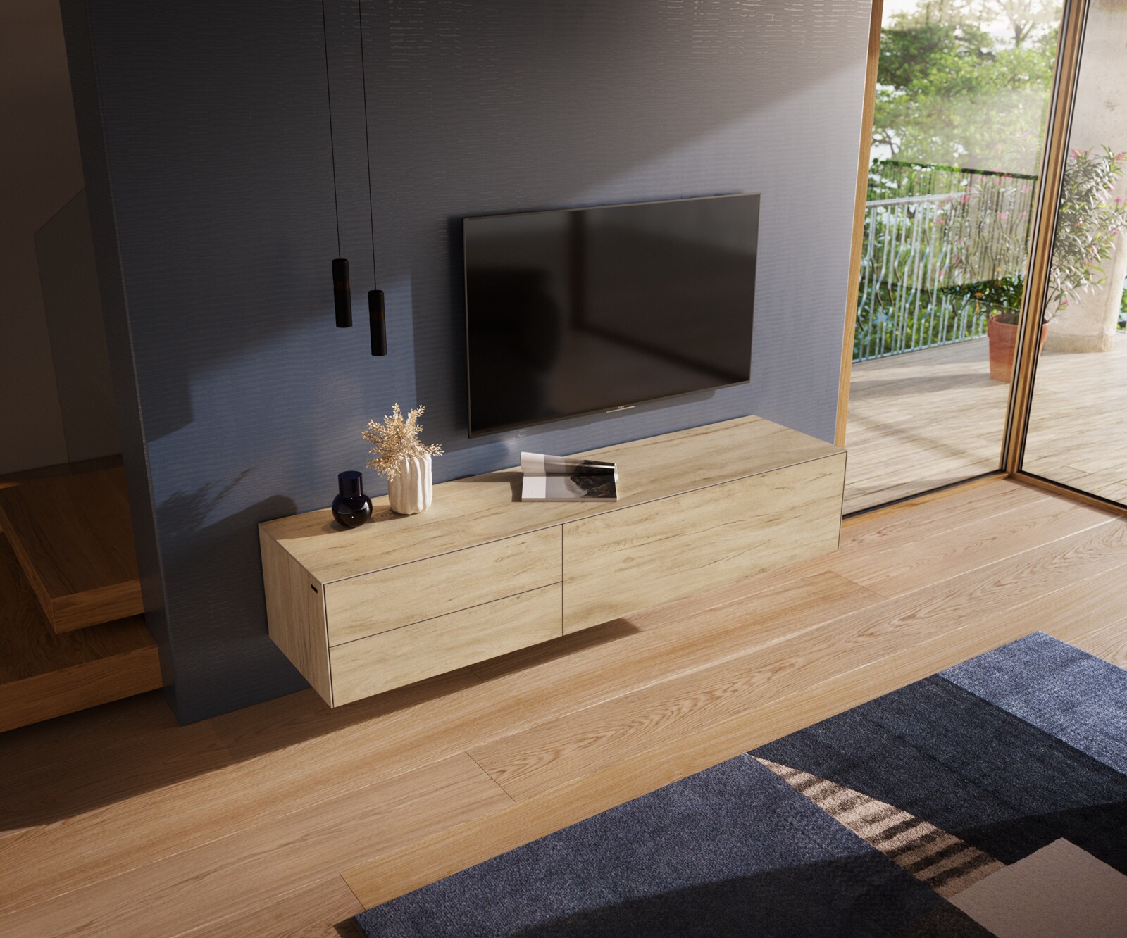 Meuble-TV Cuor 180 cm Céramique Laminam® Sabbia Teinte chêne 1 Clapet 2 Tiroirs Flottant 3