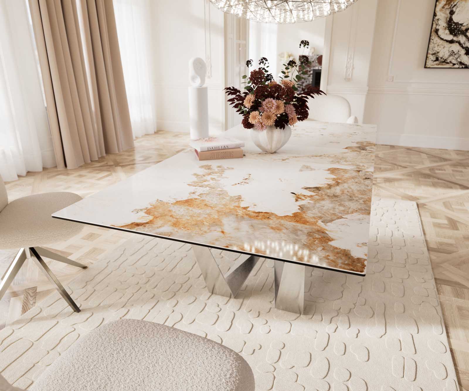 Table à manger Edge 180-220x100 céramique Minas mélange blanc-beige Spider acier plat acier inoxydable extensible 8