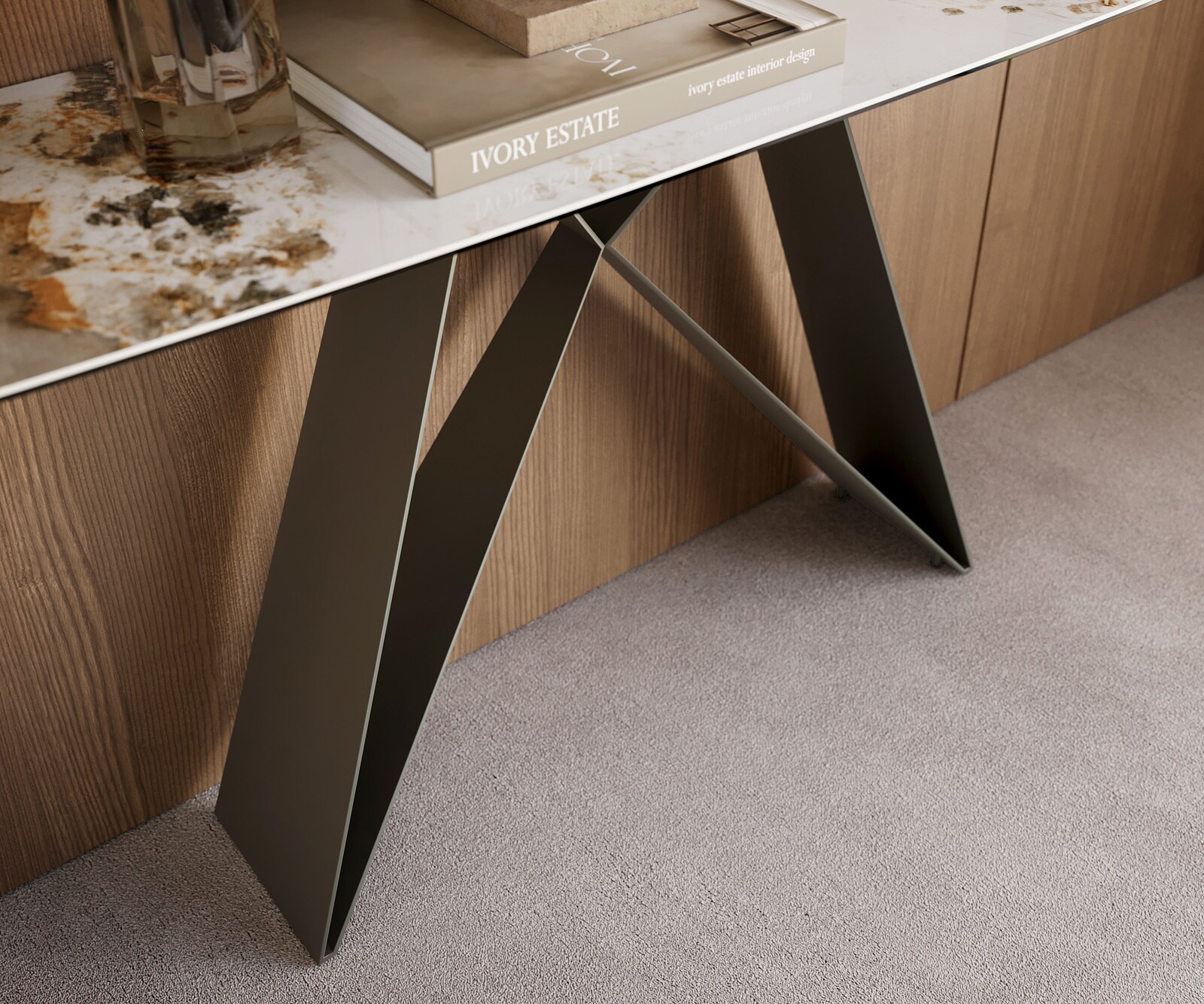 Console Edge forme bateau 180x40 cm Céramique Minas Melange Weiß-Beige Velio Métal Effektfinish Titan 6