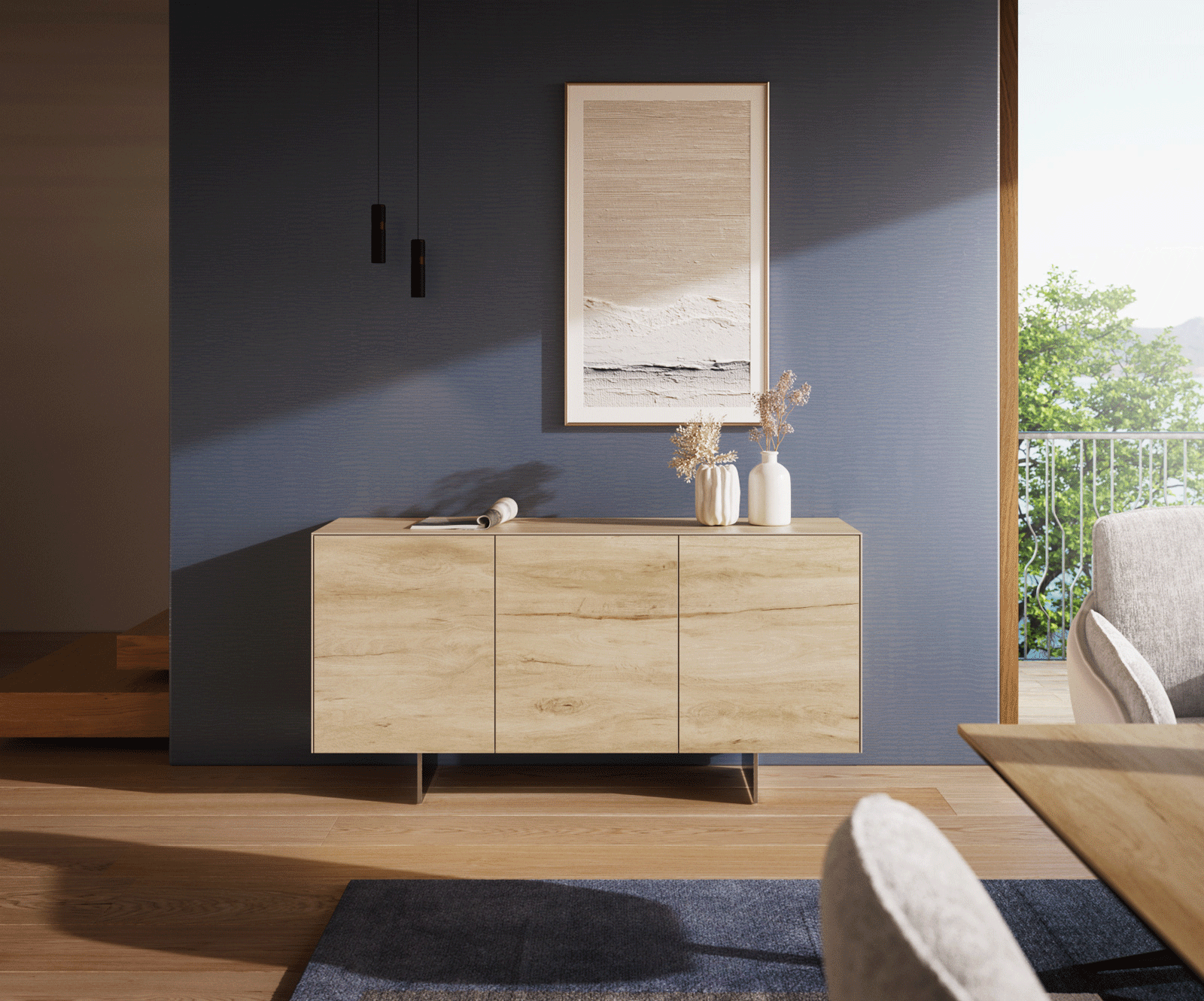 Buffet Cuor 150 cm Céramique Laminam® Sabbia Teinte chêne 3 Portes Pied optique flottant Ancier inoxydable 1
