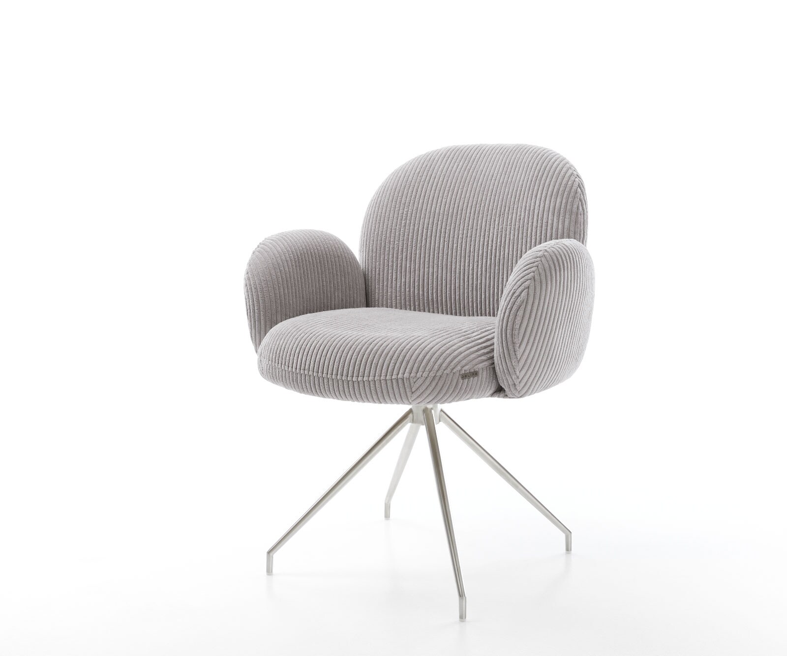 Chaise-pivotante Nube-Flex avec accoudoirs côtelé gris argenté pied croisé conique acier inoxydable brossé pivotement sur 180° ressorts ensachés