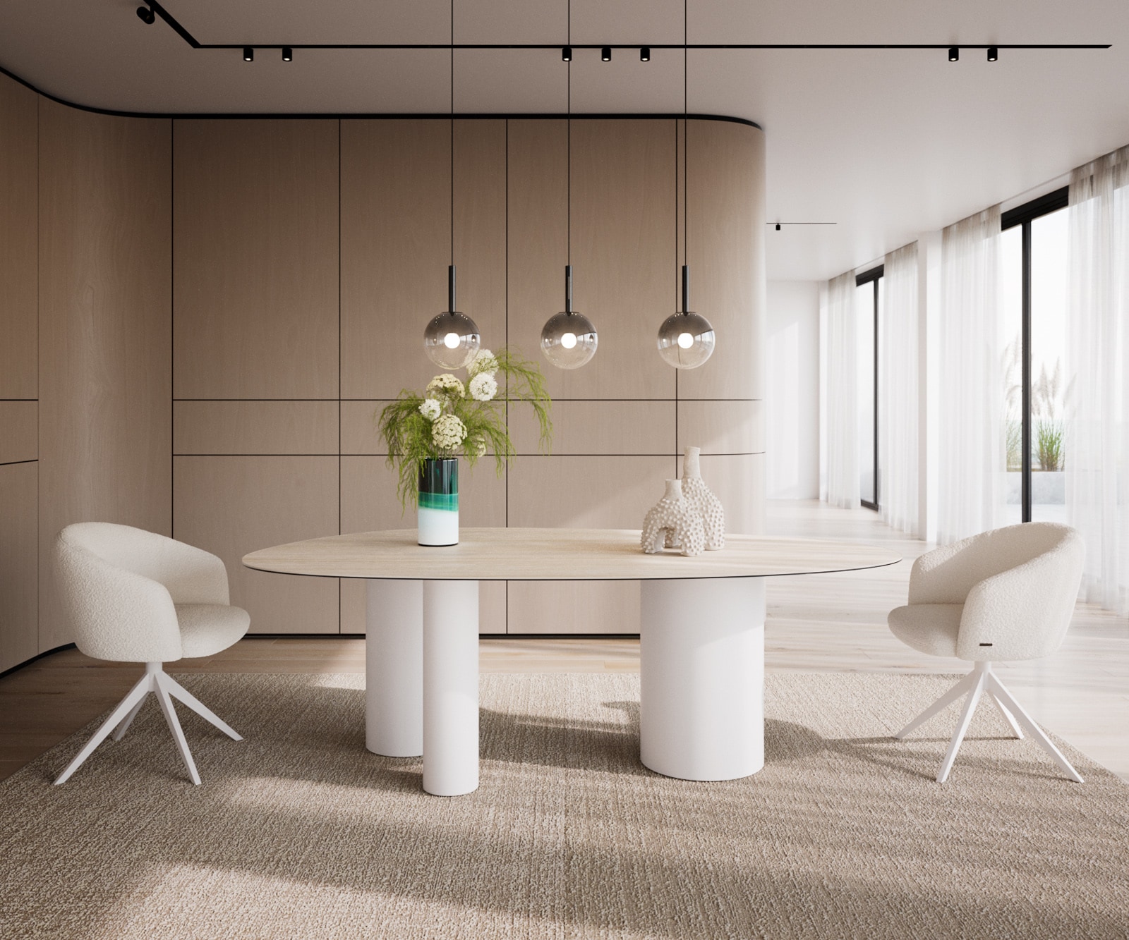 Table à manger Edge ovalee 220x120 céramique Laminam® Travertino Bianco crème-blanc Troa métal blanc 2