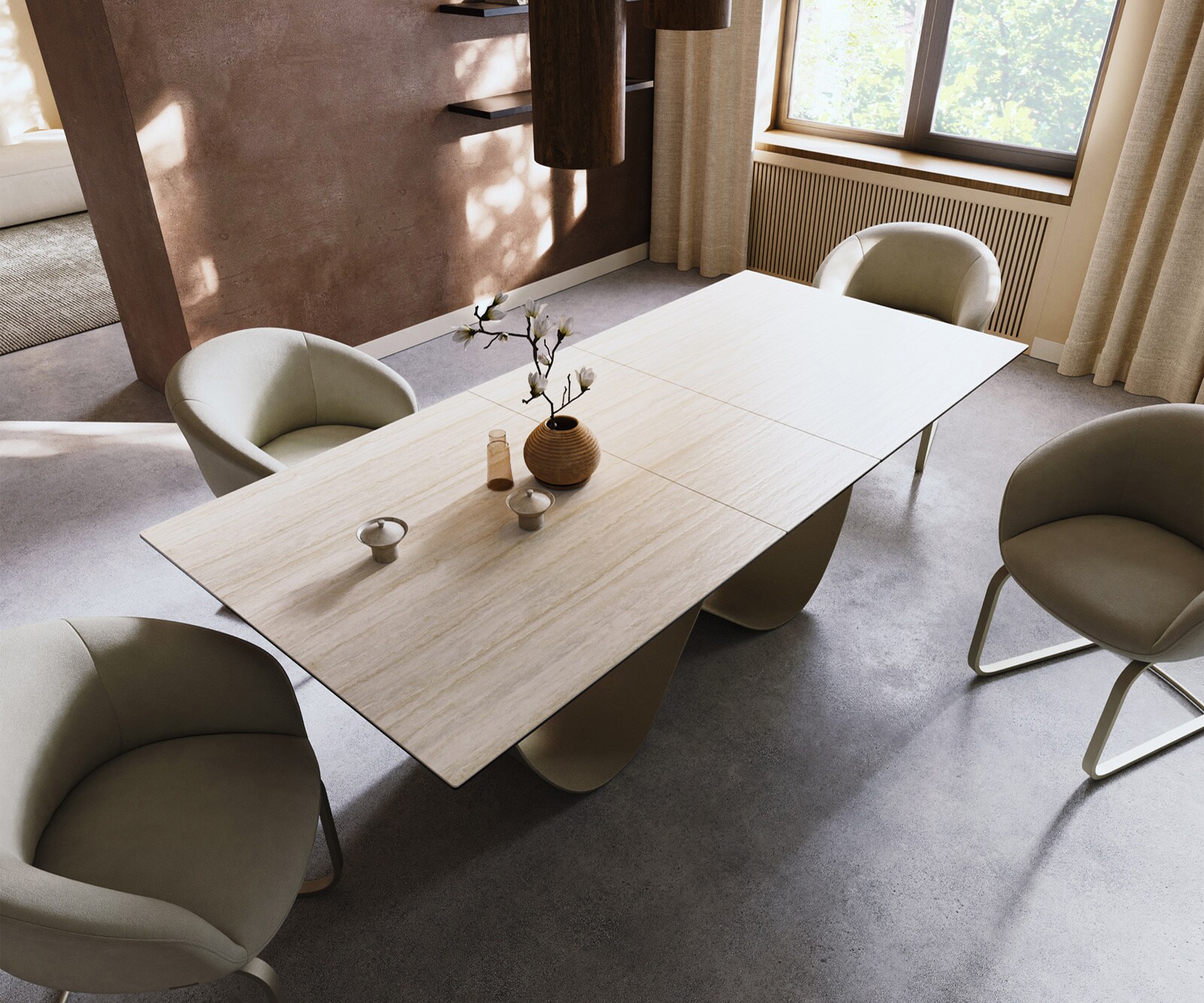 Table à manger Edge 180-220x100 céramique Laminam® Travertino Bianco crème-blanc Infinity métal effet finition titanee extensible 3