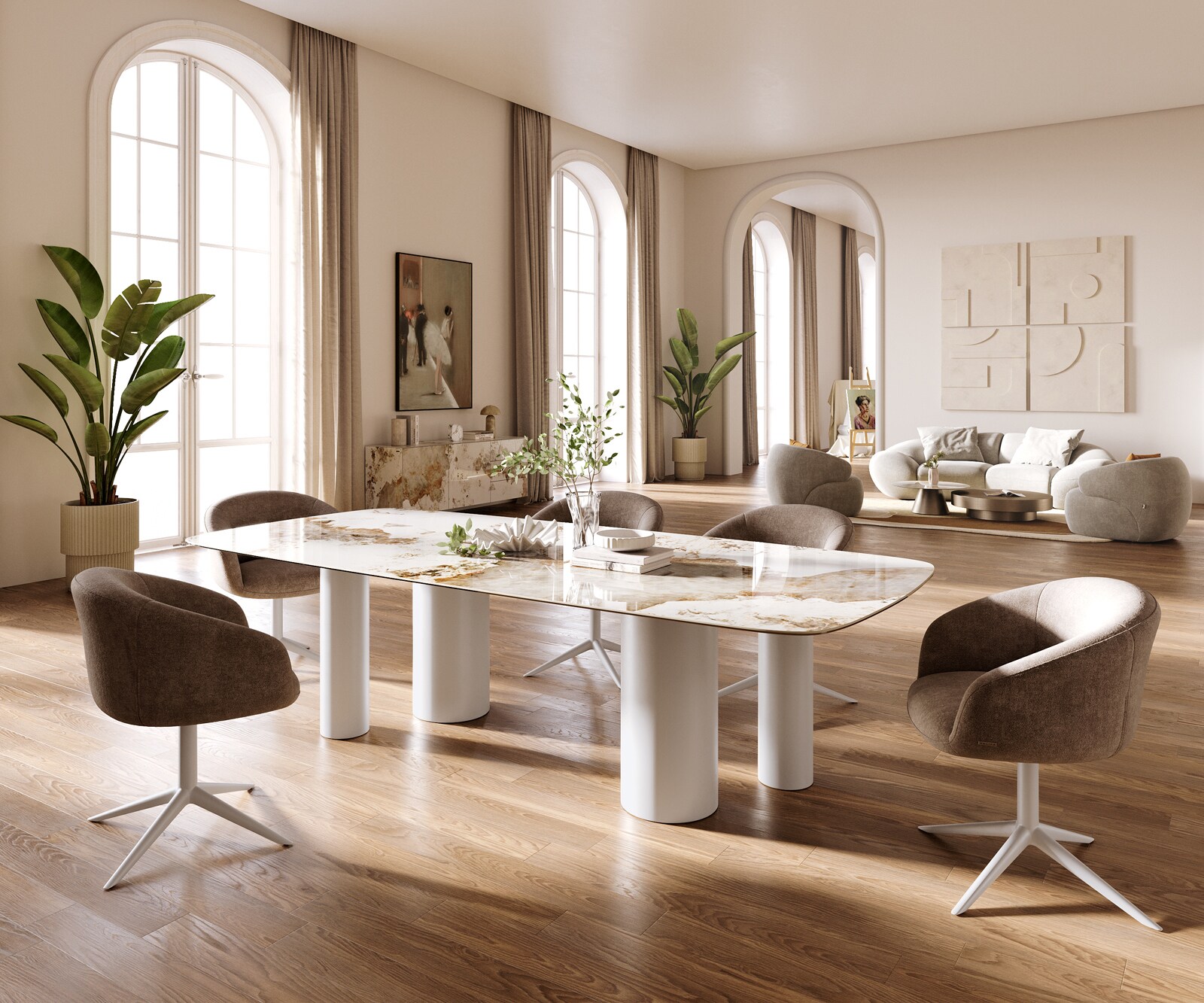 Table à manger Edge Boot 260x120 cm Céramique Minas Melange Blanc-Beige Pilier Métal Blanc 6