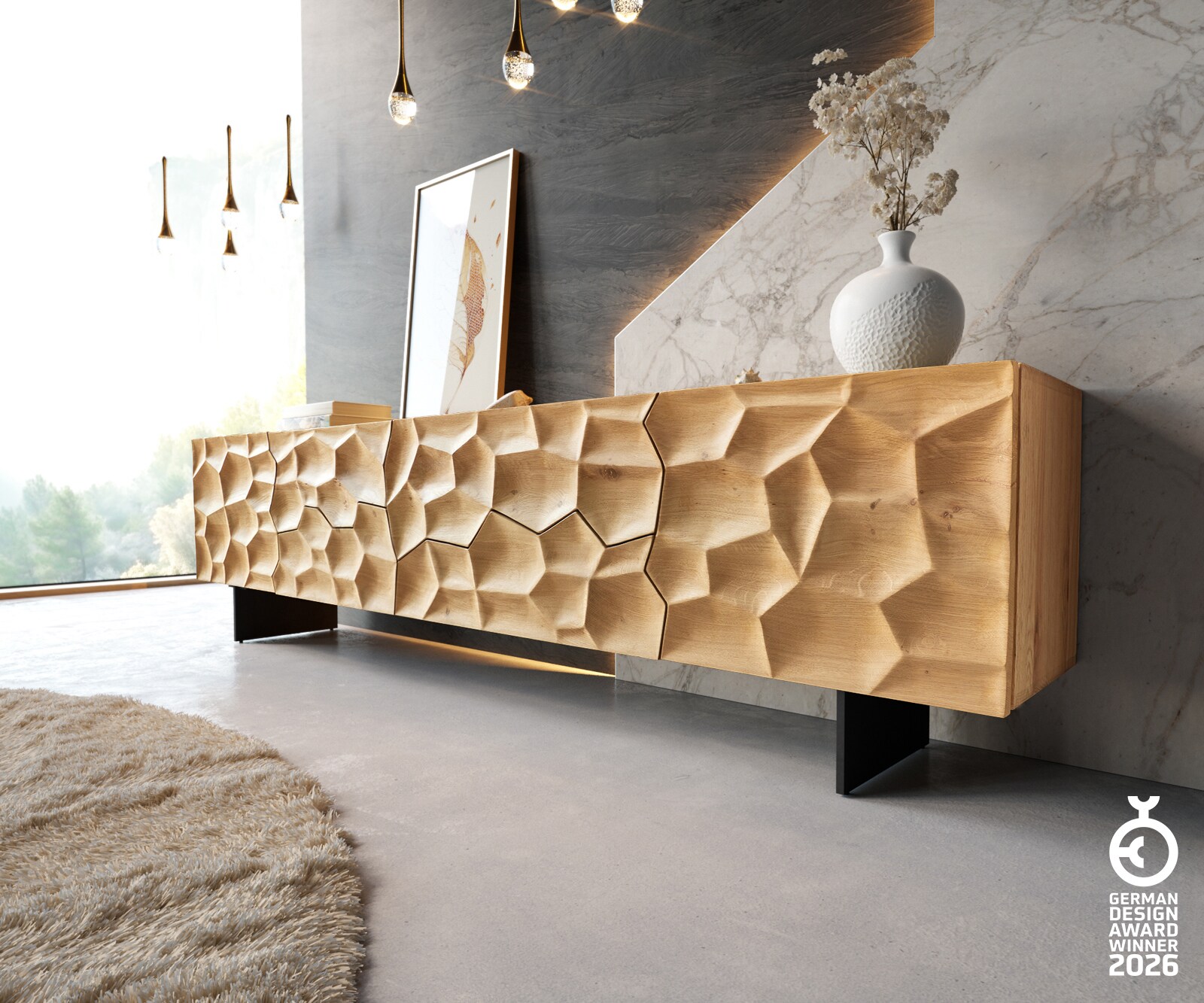 Meuble TV Solu 220 cm chêne naturel 2 portes 4 tiroirs pieds profilés métal noir face avant en 3D