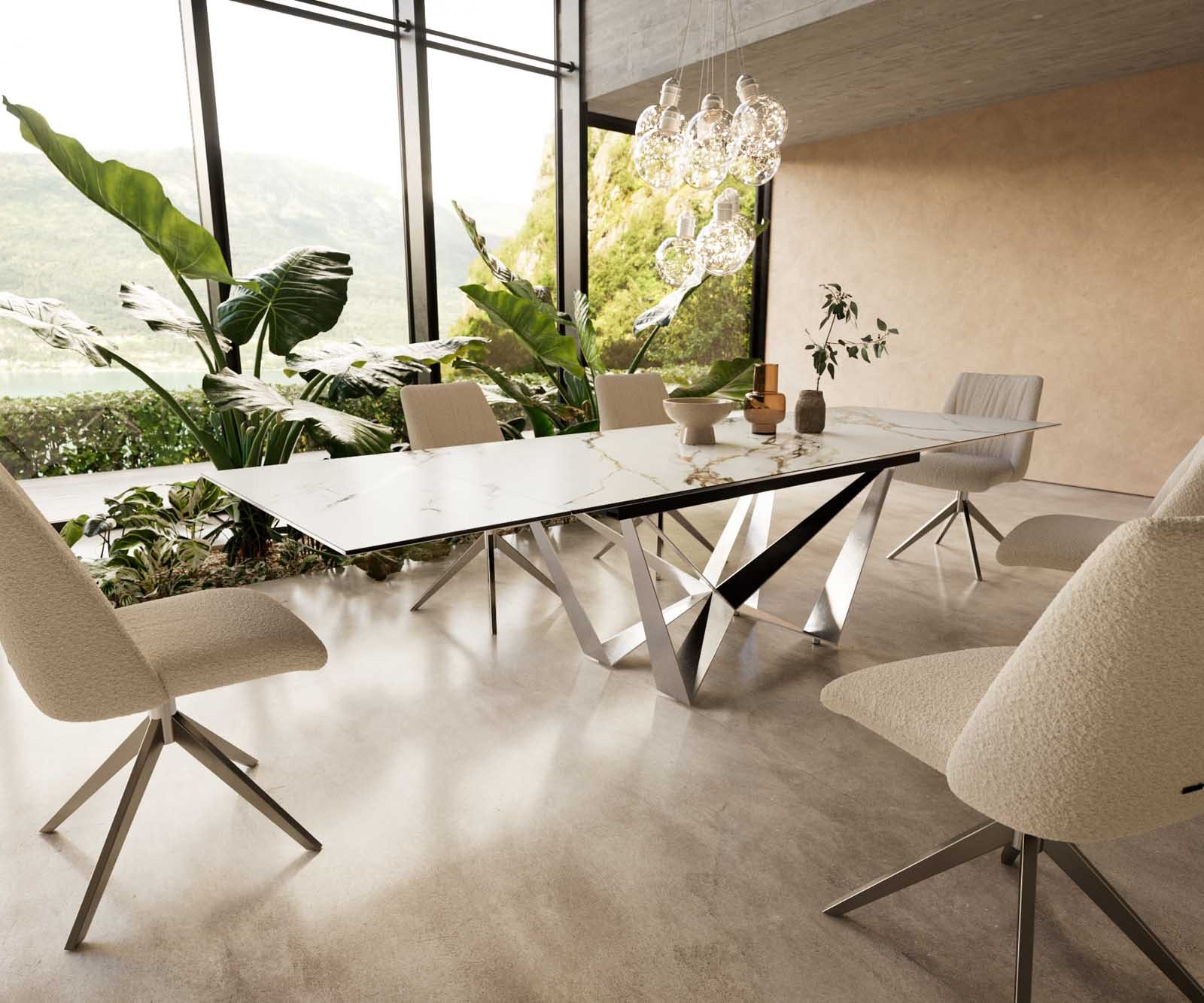 Table à manger Edge 200-300x100 céramique Calacatta Luxe blanc-doré-gris Spider acier plat acier inoxydable extensible