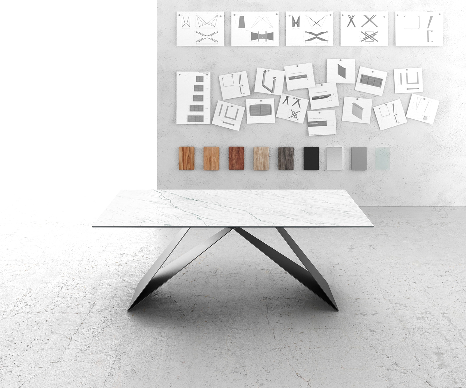 Table-à-manger Edge 200x100cm Laminam® céramique blanc V-pieds milieu noir 1 Table-à-manger Edge 200x100cm Laminam® céramique blanc V-pieds milieu noir 1