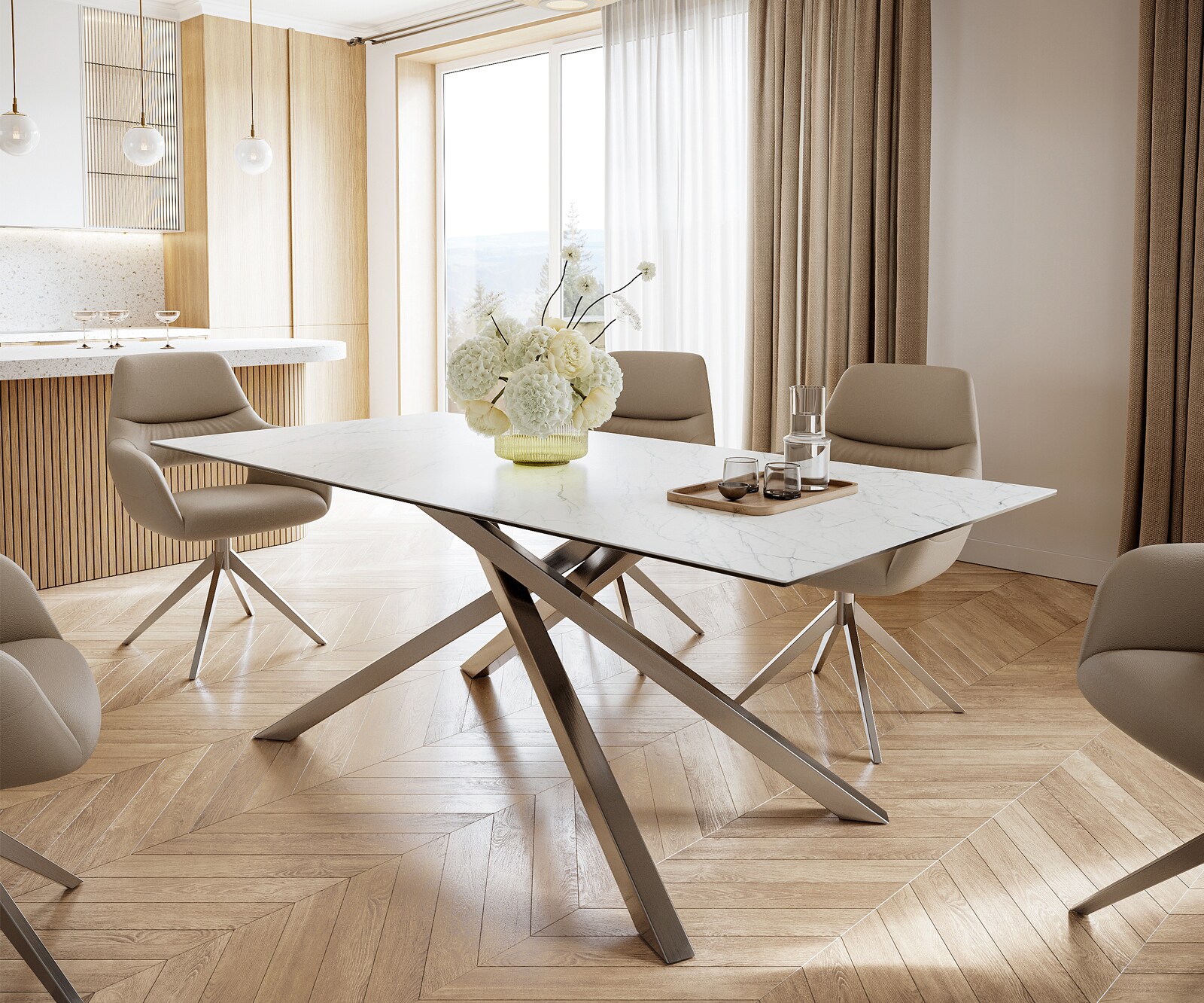 Table-à-manger Edge 200x100cm Laminam® céramique blanc pieds milieu croisé argent