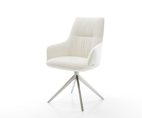Chaise-pivotante Zelia-Flex avec accoudoirs bouclé doux beige pied croisé large acier inoxydable pivotement sur 360° fonction bascule resorts ensachés