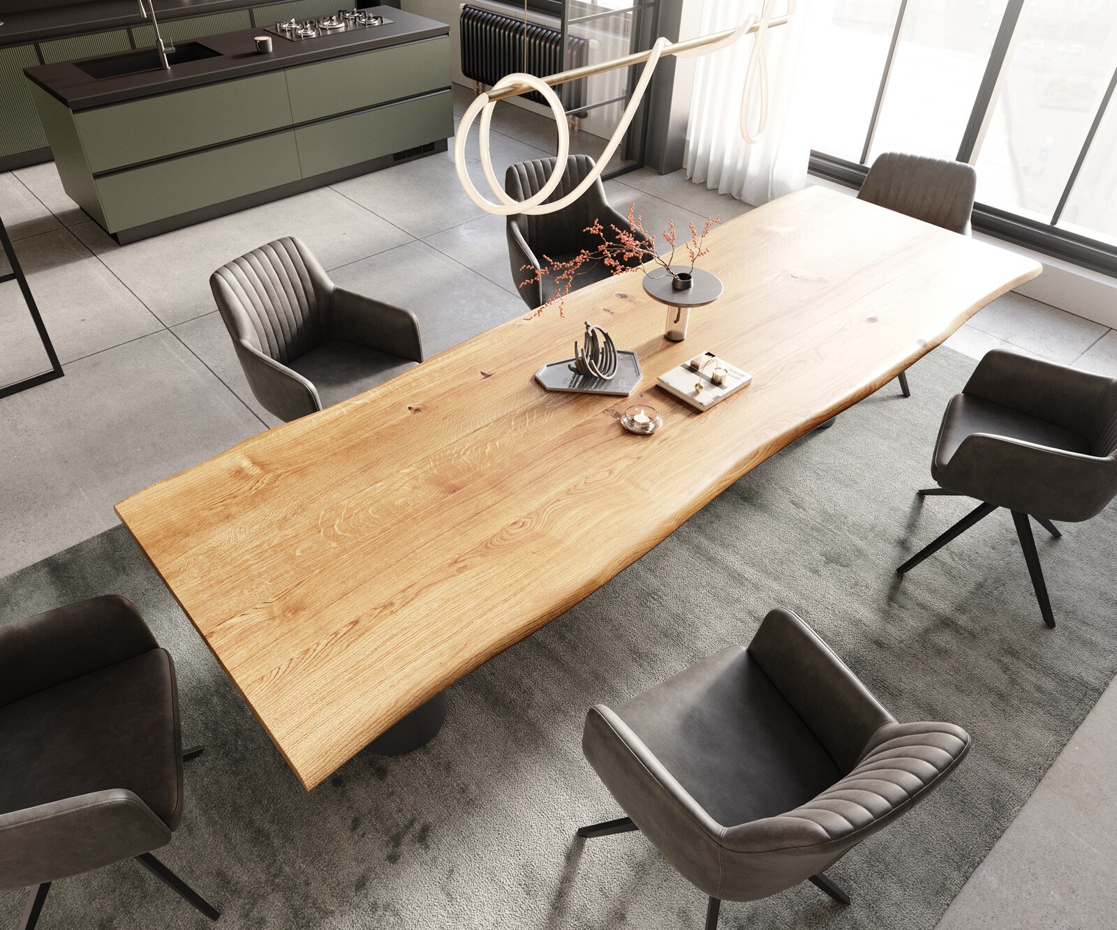 Table à manger Edge 300x100x4 chêne naturee Pilier métal noir Live-Edge 4