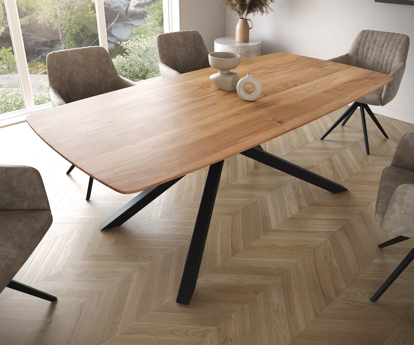 Table à manger Edge Boot 200x100 acacia nature cadre croisé rectangle noir bord suisse 3