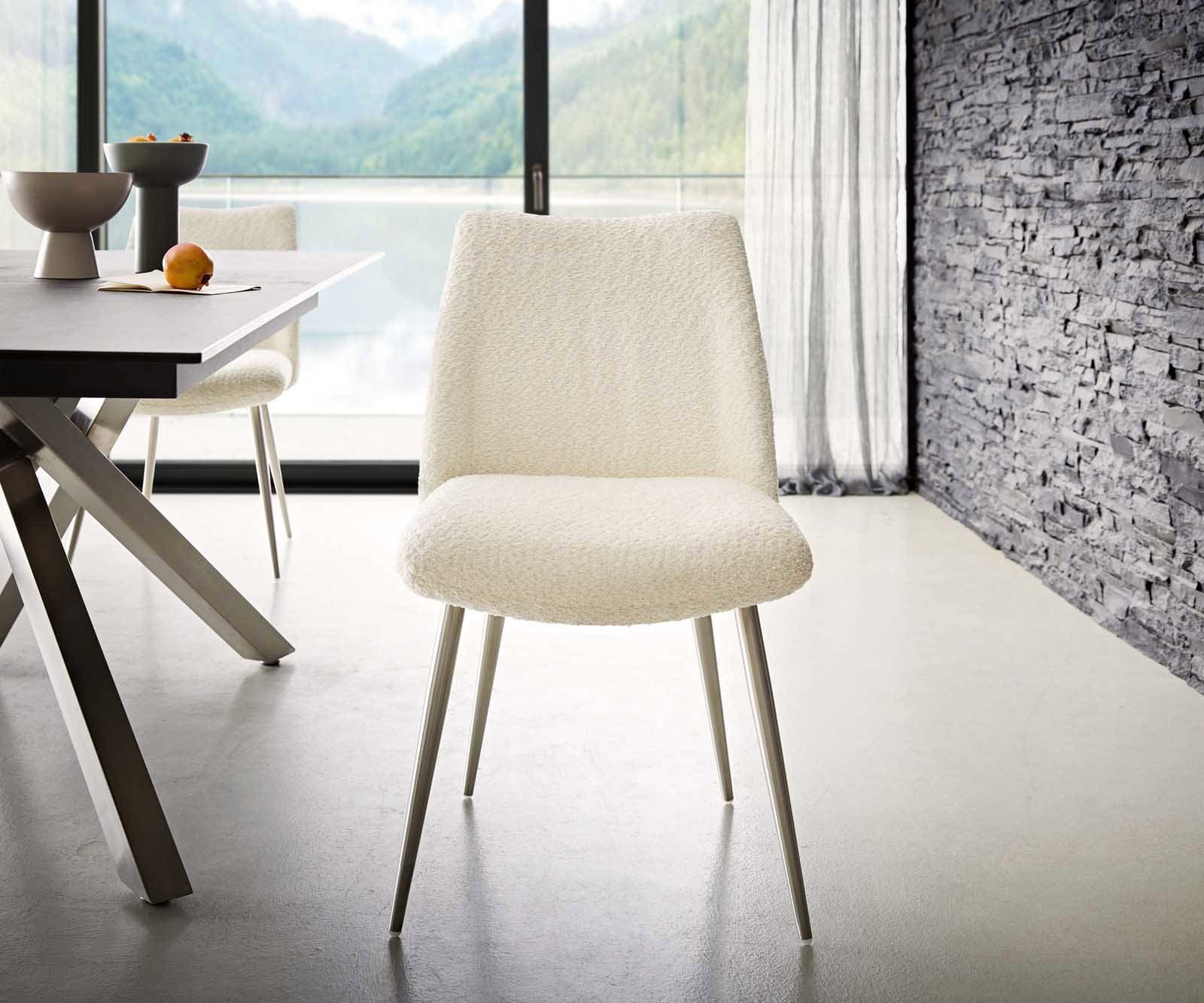 Chaise-de-salle-à-manger Elso-Flex bouclé blanc 4 pieds coniques acier inoxydable brossé ressorts ensachés 1 Chaise-de-salle-à-manger Elso-Flex bouclé blanc 4 pieds coniques acier inoxydable brossé ressorts ensachés 1