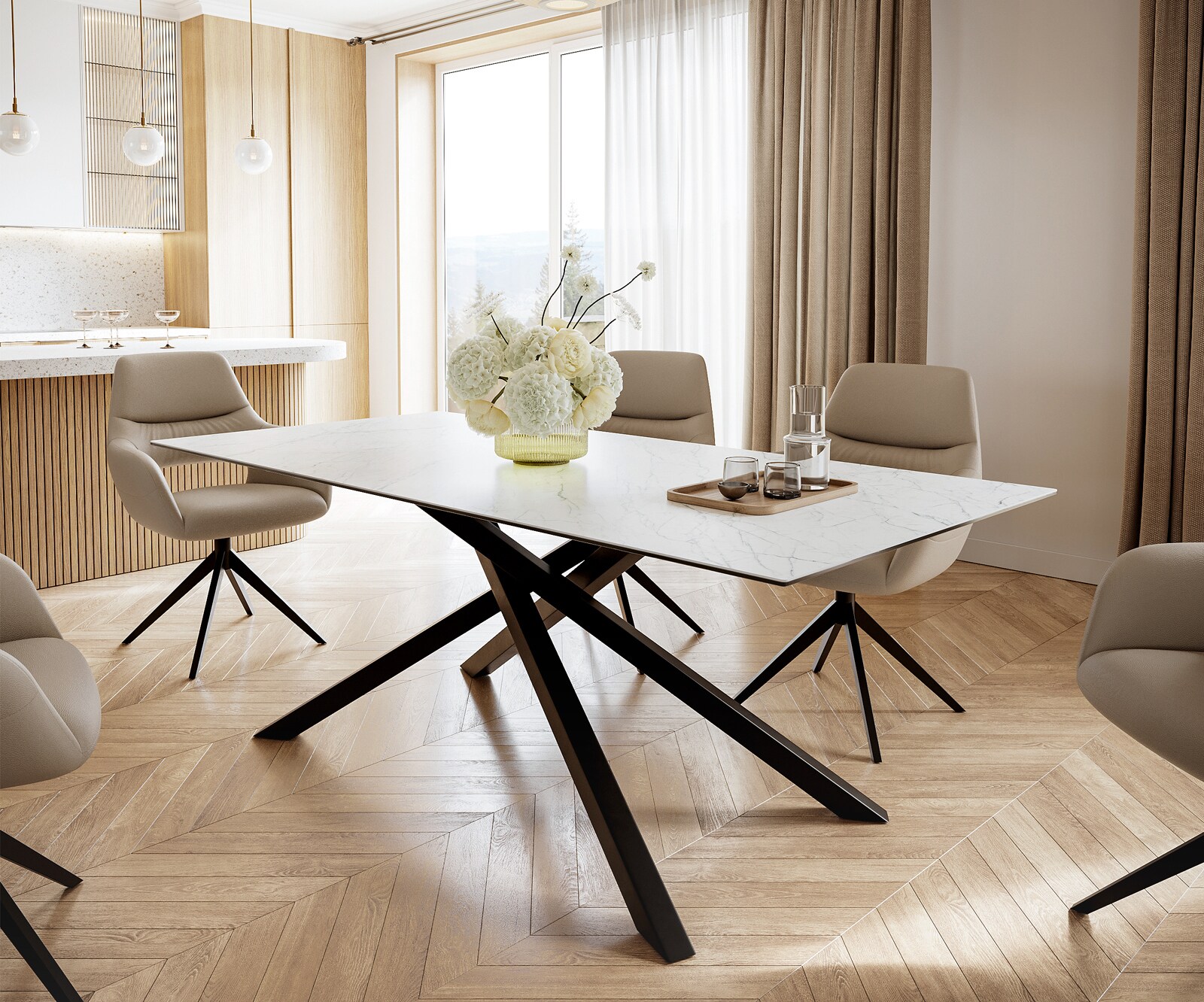 Table-à-manger Edge 200x100cm Laminam® céramique blanc pieds milieu croisé noir