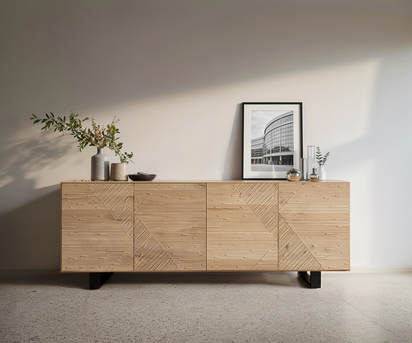 Buffet Tereos 200 cm chêne naturel effet 3D 4 portes piètement traîneau métal noir