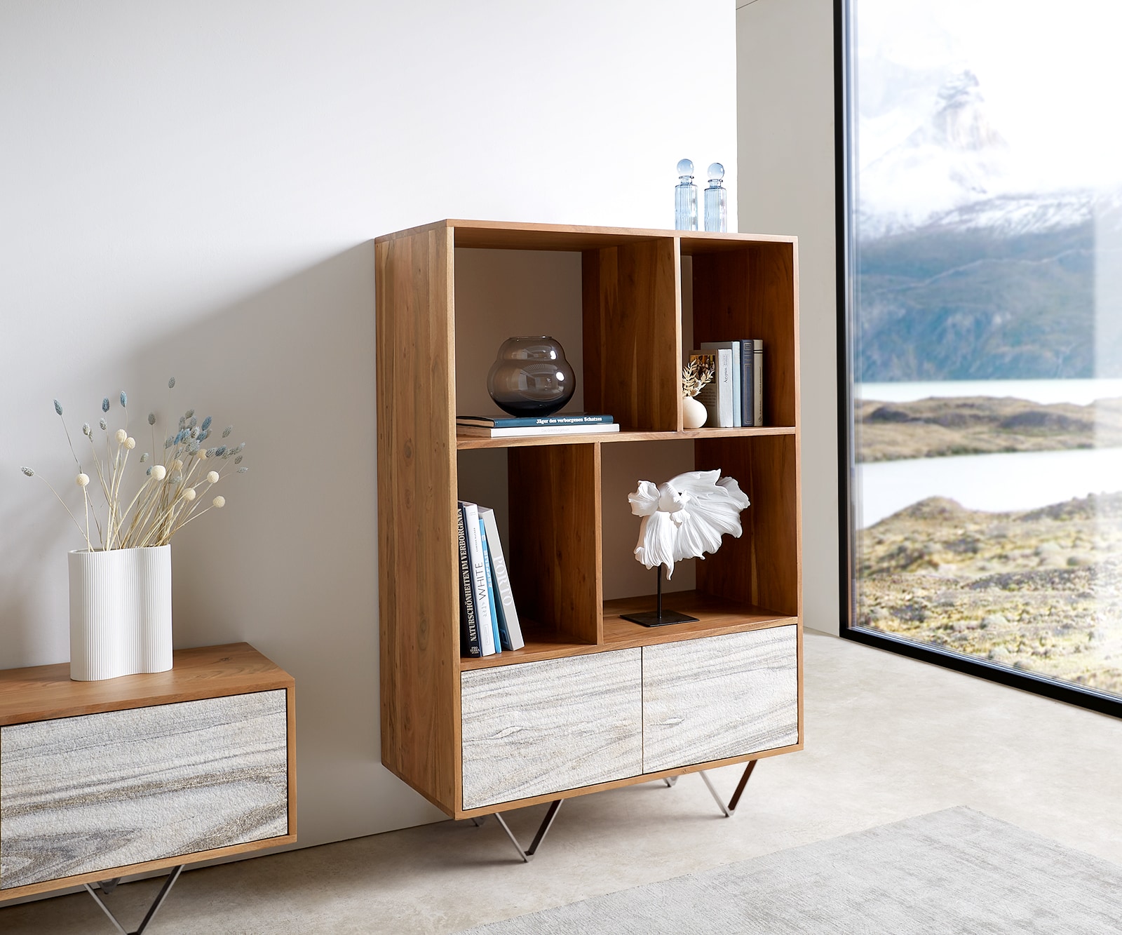 Bibliothèque Kleo 90x130 cm acacia naturel 2 portes pieds en V inox Bibliothèque Kleo 90x130 cm acacia naturel 2 portes pieds en V inox