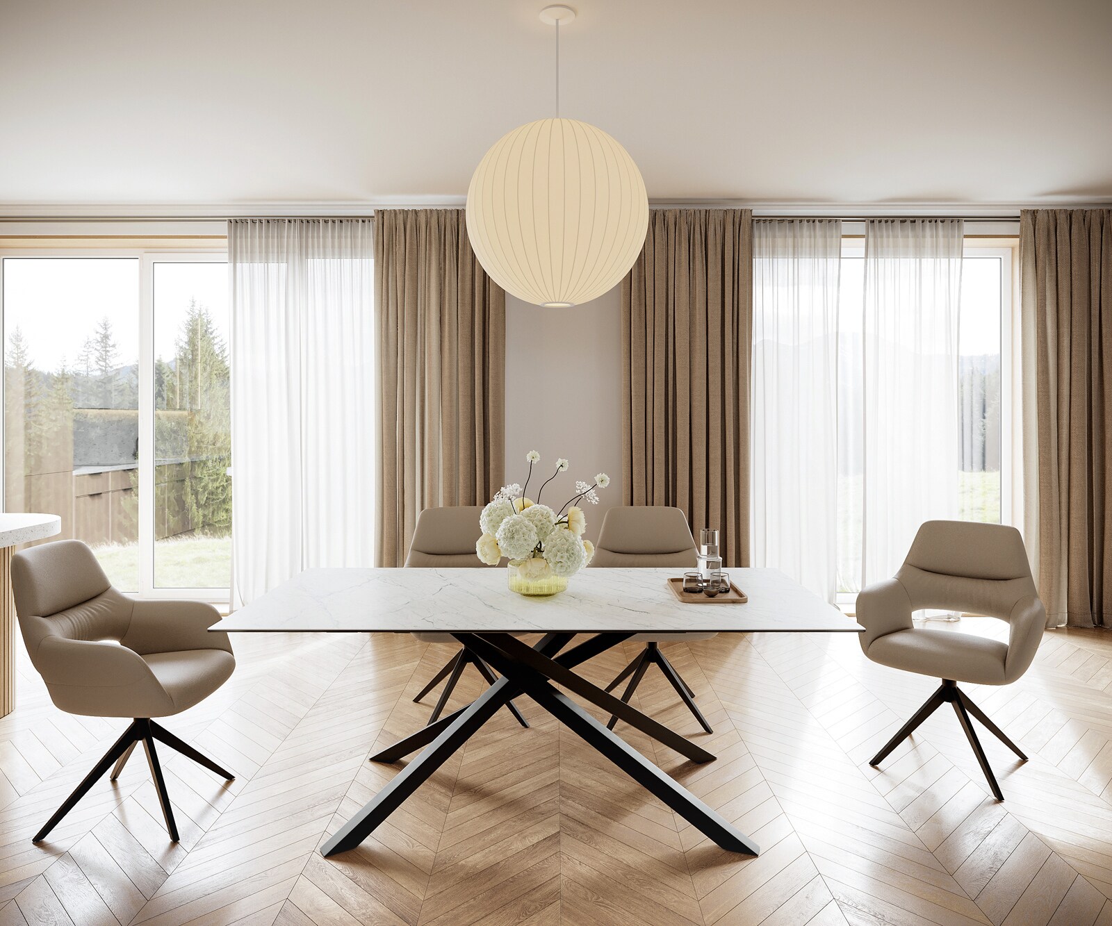 Table-à-manger Edge 200x100cm Laminam® céramique blanc pieds milieu croisé noir 1