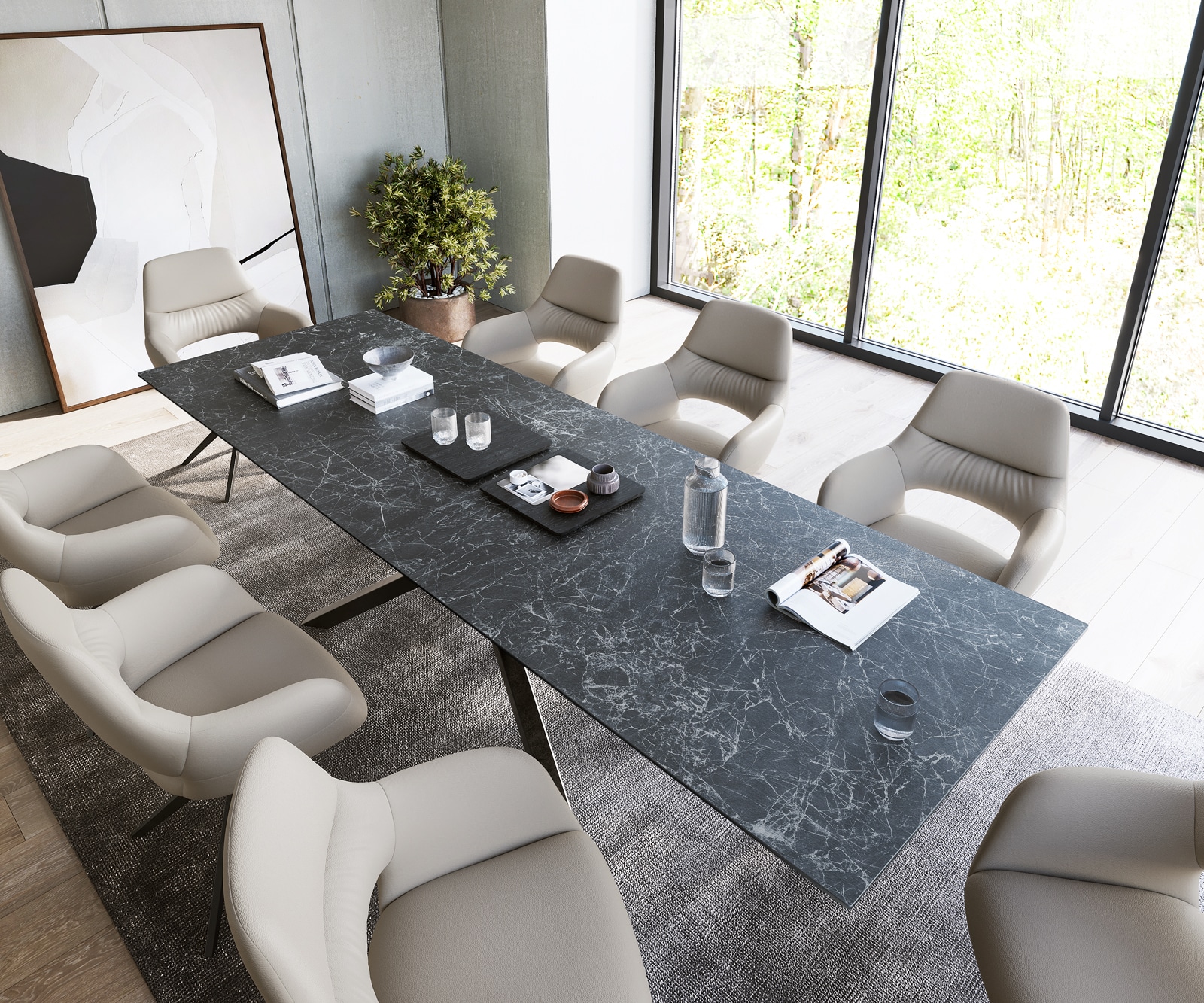 Table-à-manger Edge 300x100cm Laminam® céramique gris pieds milieu croisé noir 4 Table-à-manger Edge 300x100cm Laminam® céramique gris pieds milieu croisé noir 4