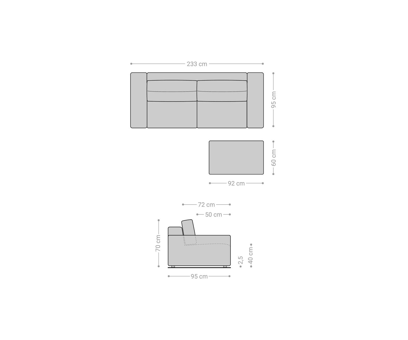 Big canapé Lanzo 230x95 cm velours côtelé beige avec pouf 6